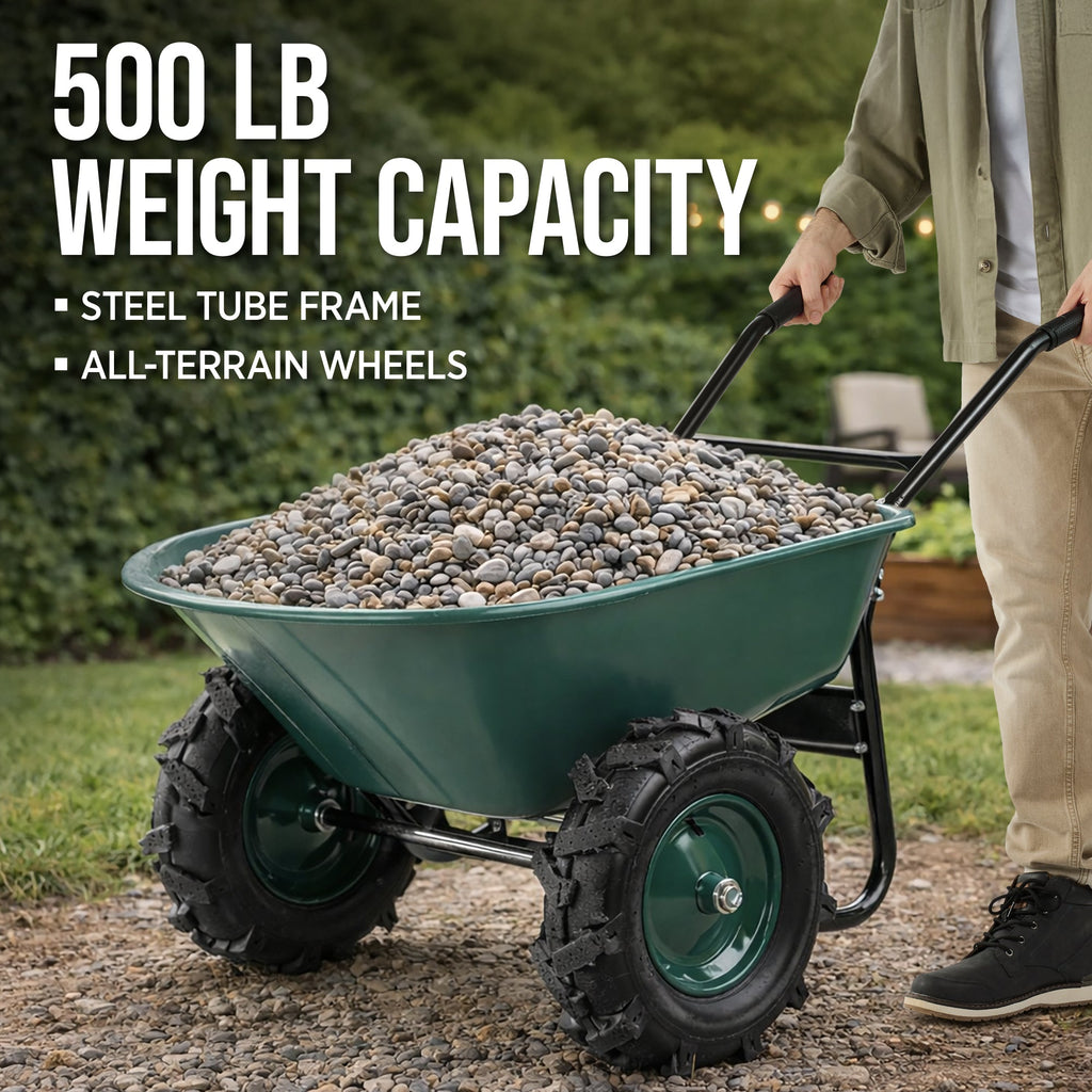 Dual-Wheel Wheelbarrow w/Built in Stand 500lb Capacity Extra Large Wheels