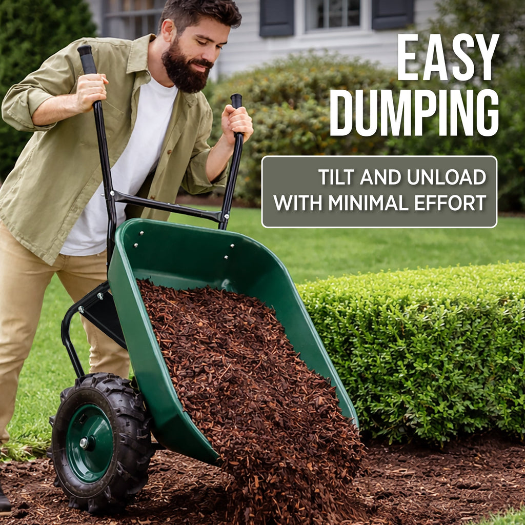 Dual-Wheel Wheelbarrow w/Built in Stand 500lb Capacity Extra Large Wheels
