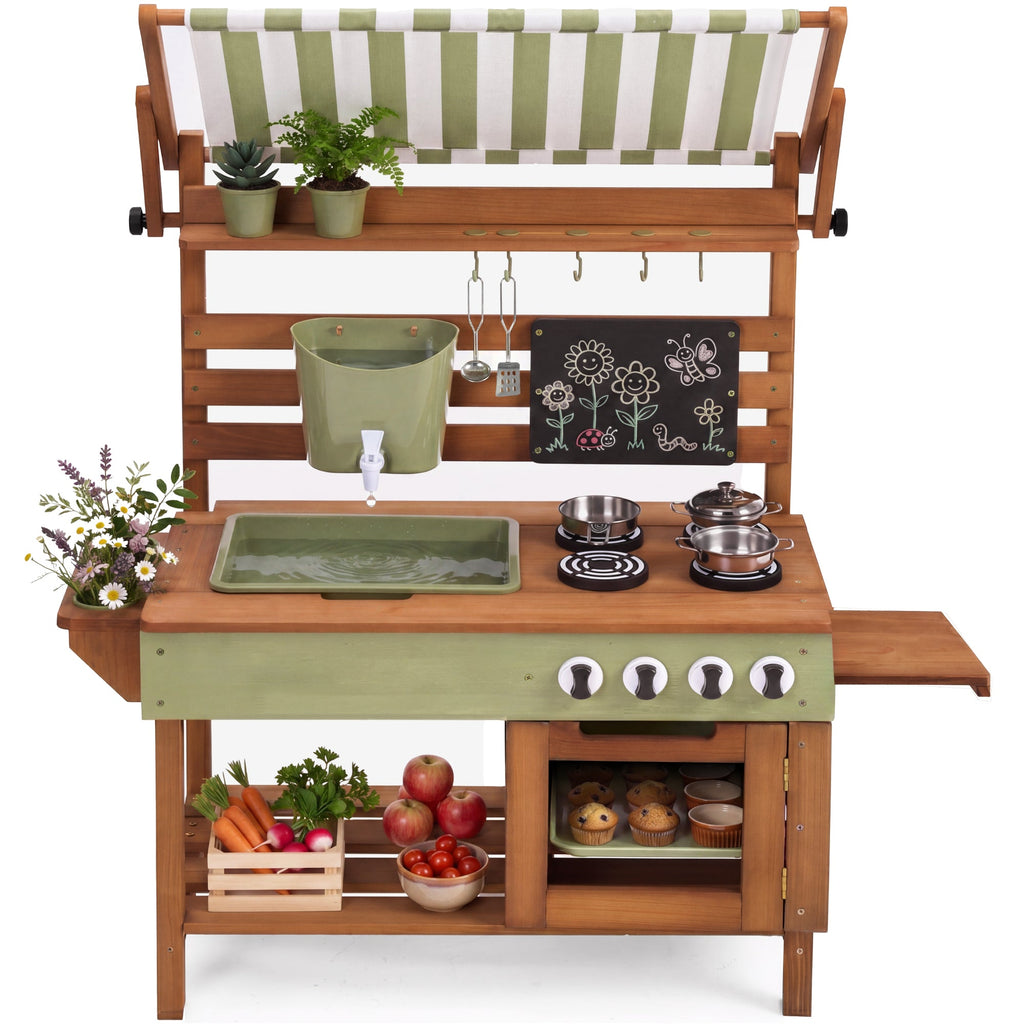 Deluxe Wooden Outdoor Mud Kitchen w/ Canopy Sink Faucet & 14pc Accessories