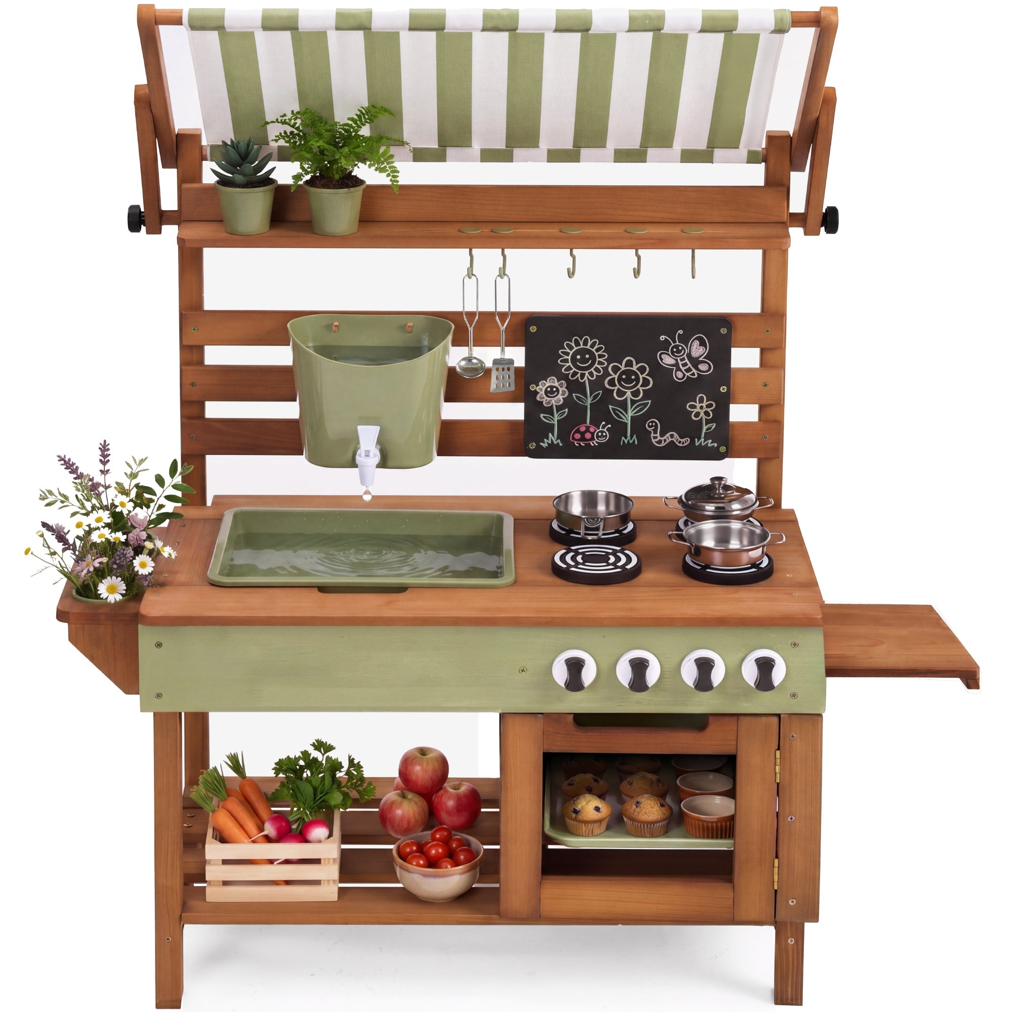 Deluxe Wooden Outdoor Mud Kitchen w/ Canopy Sink Faucet & 14pc Accessories