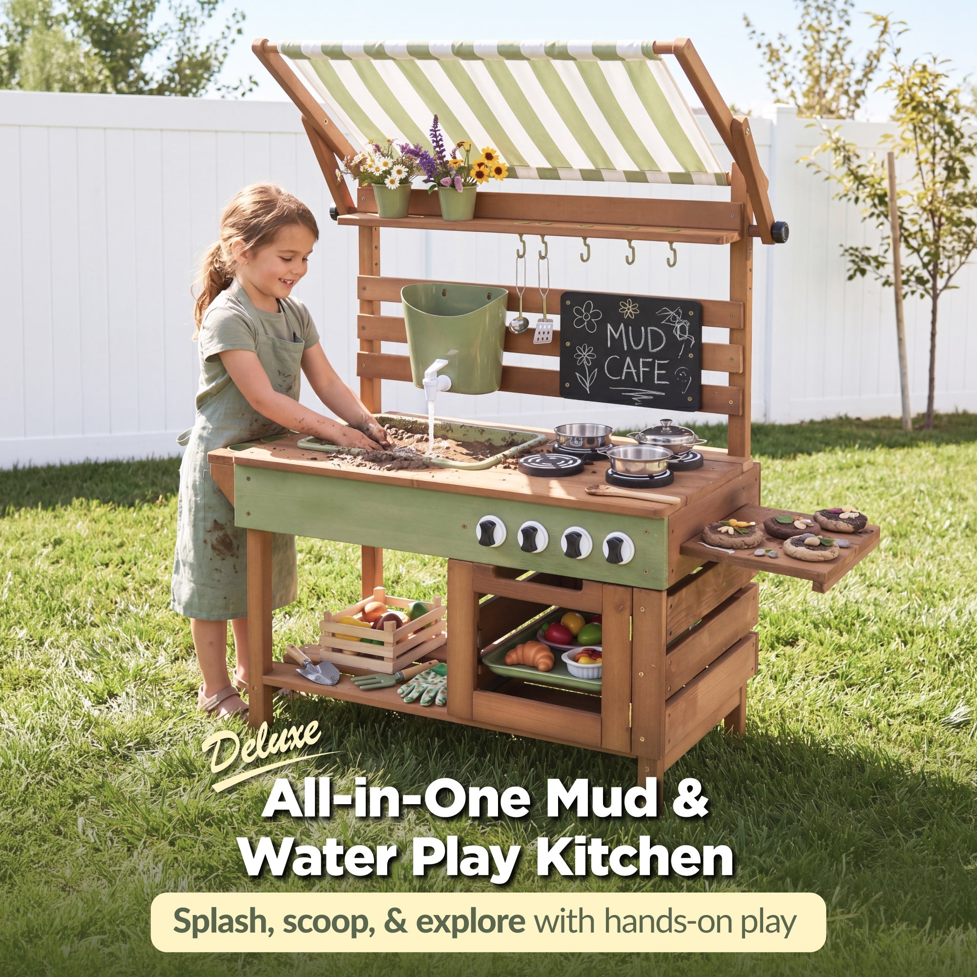 Deluxe Wooden Outdoor Mud Kitchen w/ Canopy Sink Faucet & 14pc Accessories