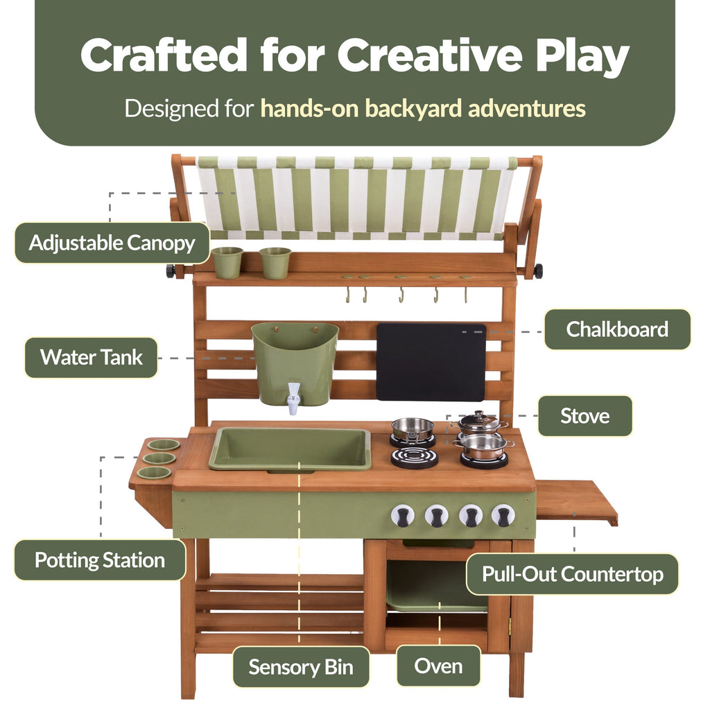Deluxe Wooden Outdoor Mud Kitchen w/ Canopy Sink Faucet & 14pc Accessories