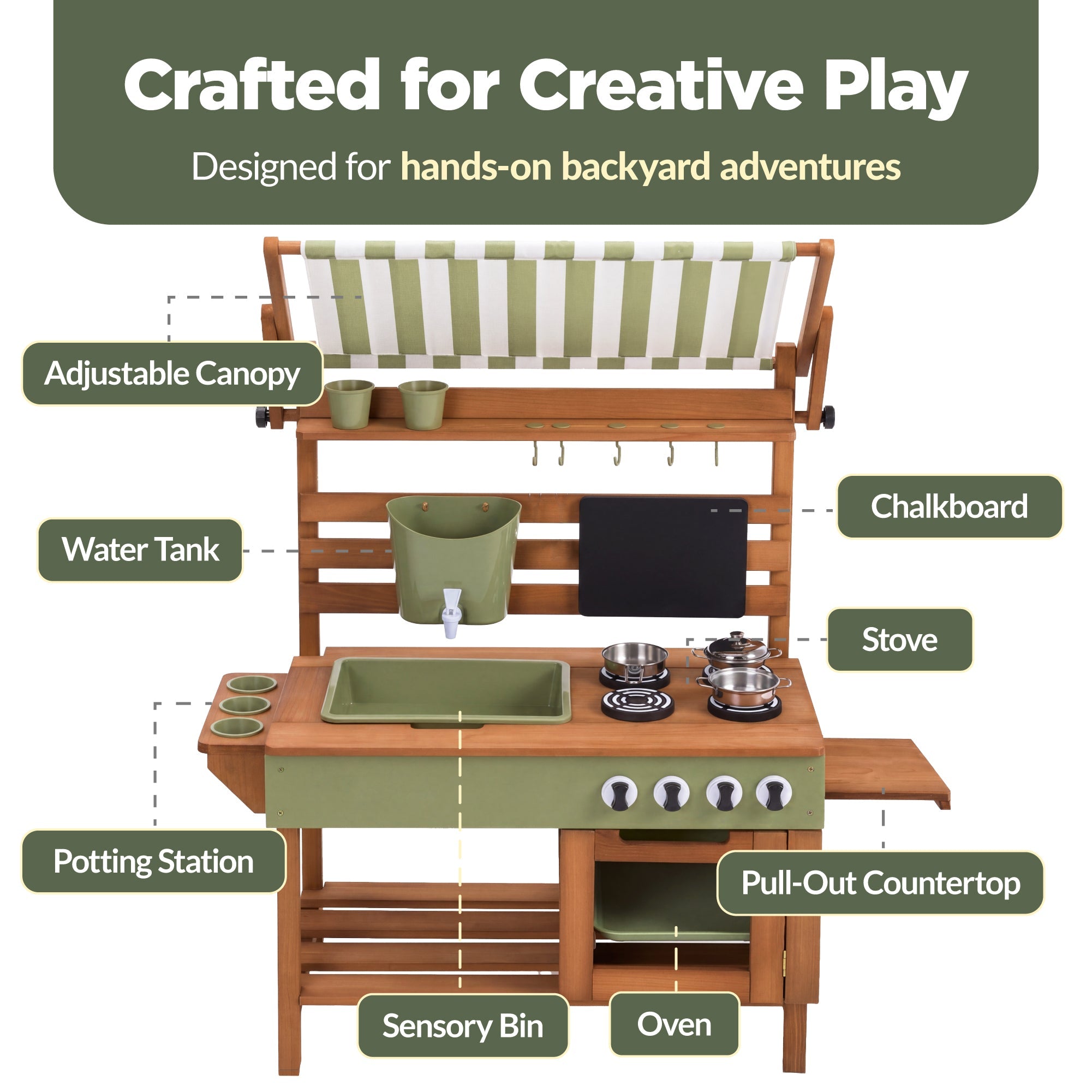 Deluxe Wooden Outdoor Mud Kitchen w/ Canopy Sink Faucet & 14pc Accessories