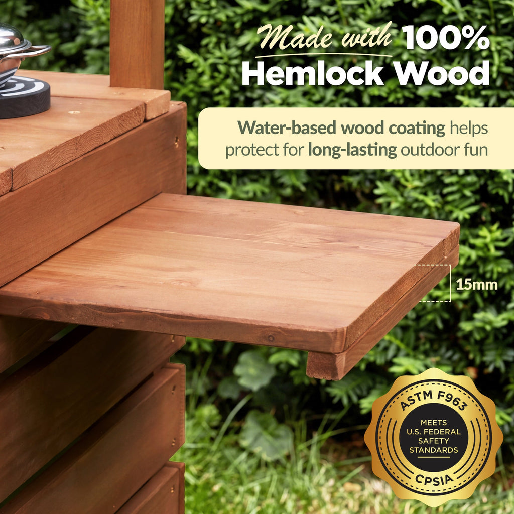 Deluxe Wooden Outdoor Mud Kitchen w/ Canopy Sink Faucet & 14pc Accessories
