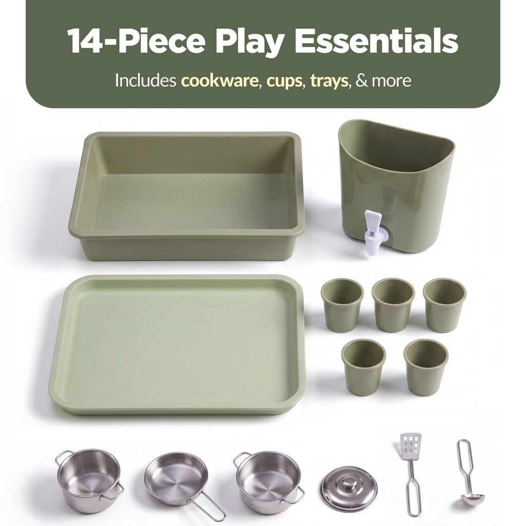Deluxe Wooden Outdoor Mud Kitchen w/ Canopy Sink Faucet & 14pc Accessories