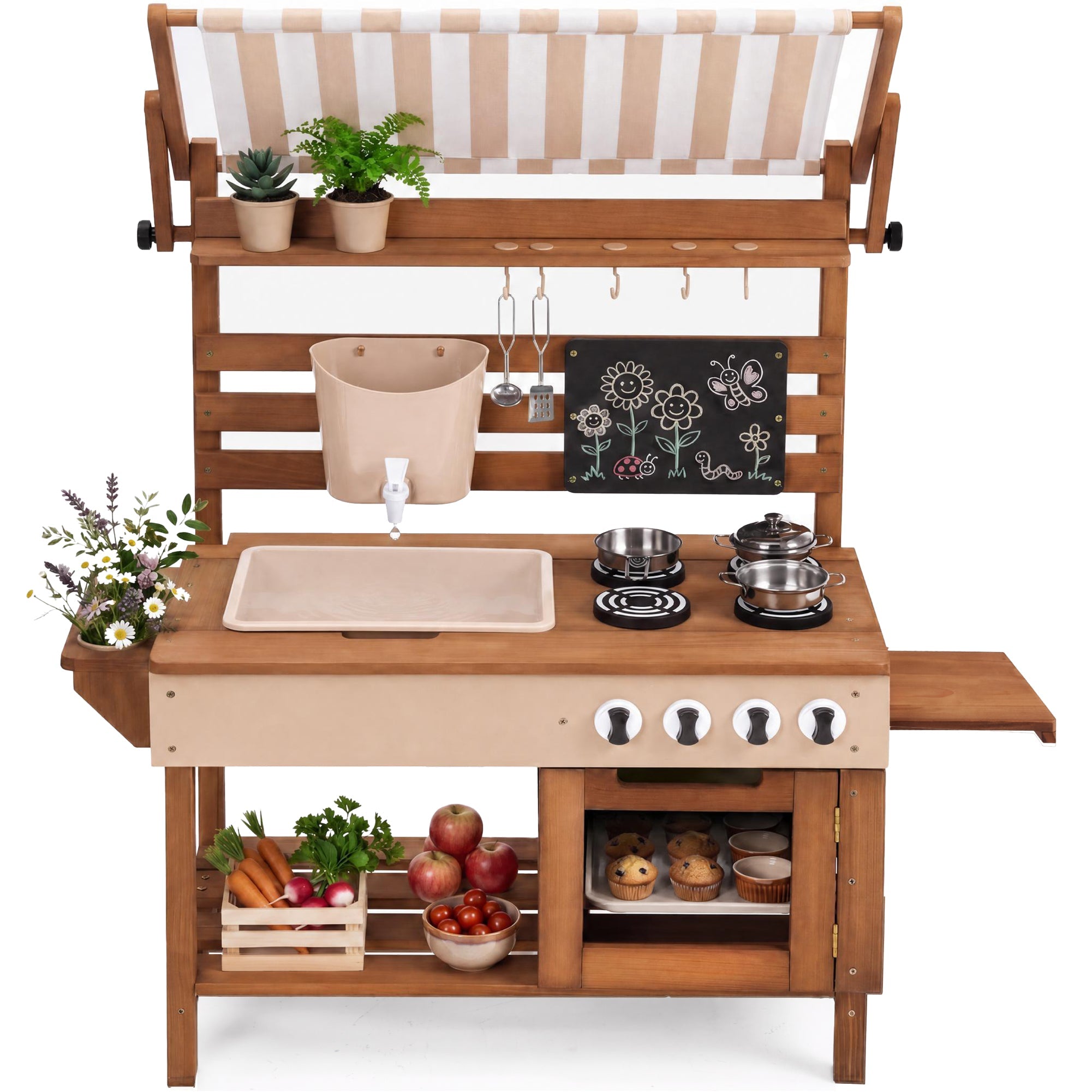 Deluxe Wooden Outdoor Mud Kitchen w/ Canopy Sink Faucet & 14pc Accessories
