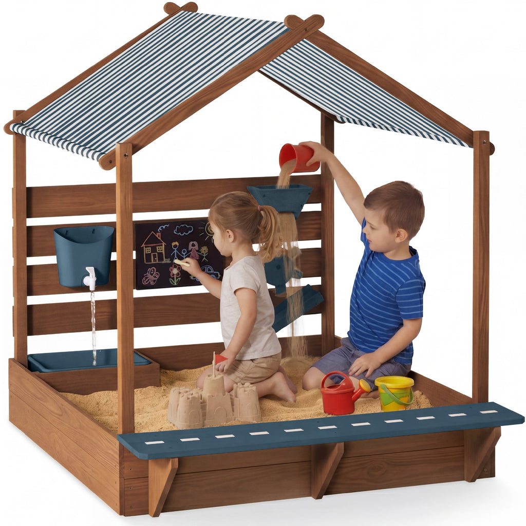 Deluxe Wooden Sandbox with Canopy & Water Table for Kids