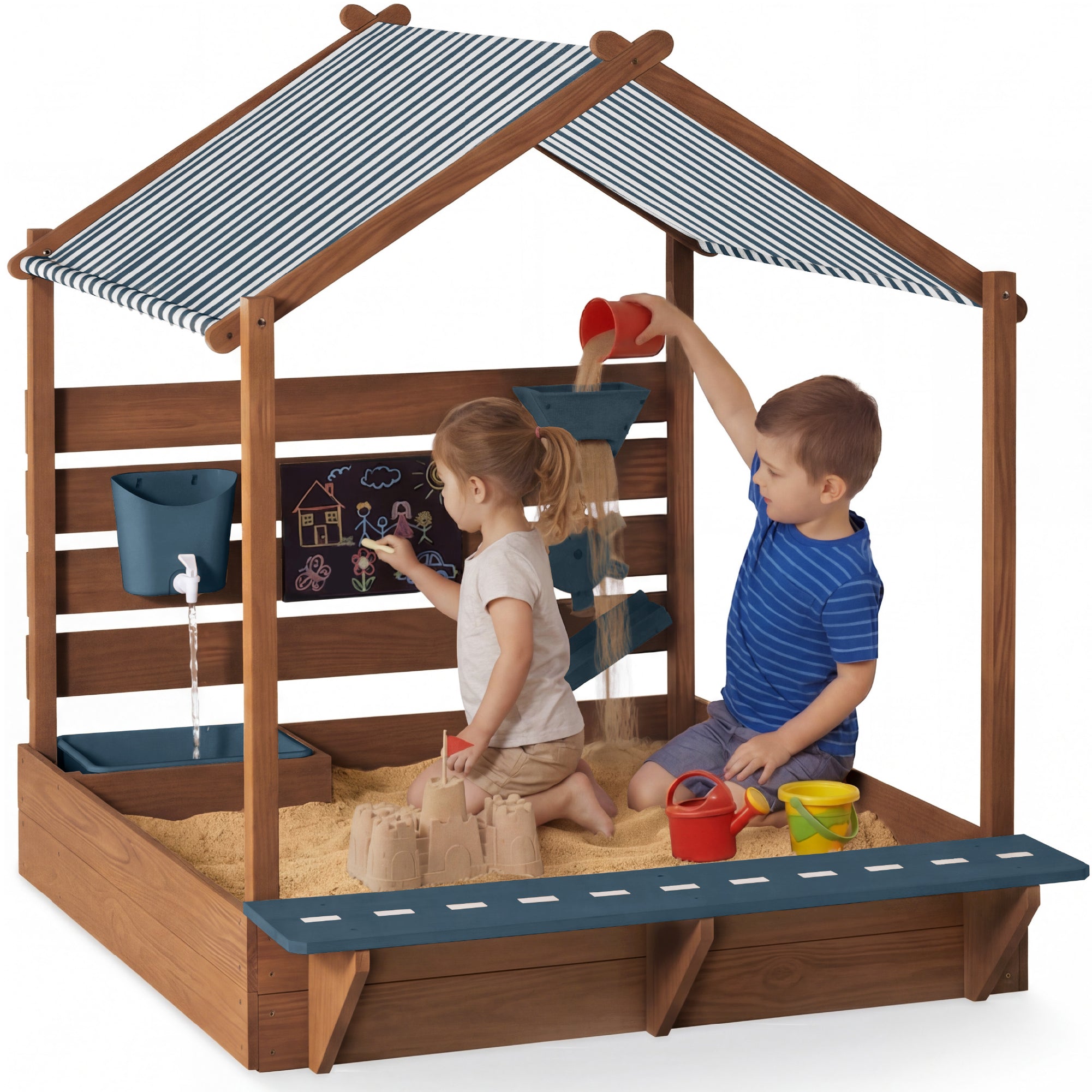 Deluxe Wooden Sandbox with Canopy & Water Table for Kids