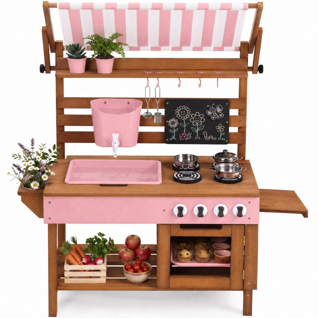 Deluxe Wooden Outdoor Mud Kitchen w/ Canopy Sink Faucet & 14pc Accessories