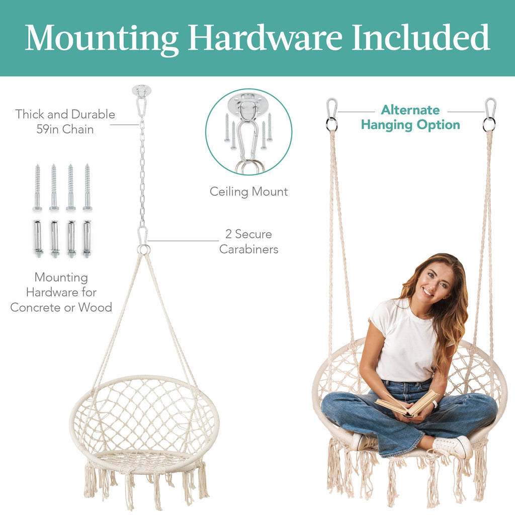 Cotton Macrame Hammock Hanging Chair Swing Handwoven w/ Backrest