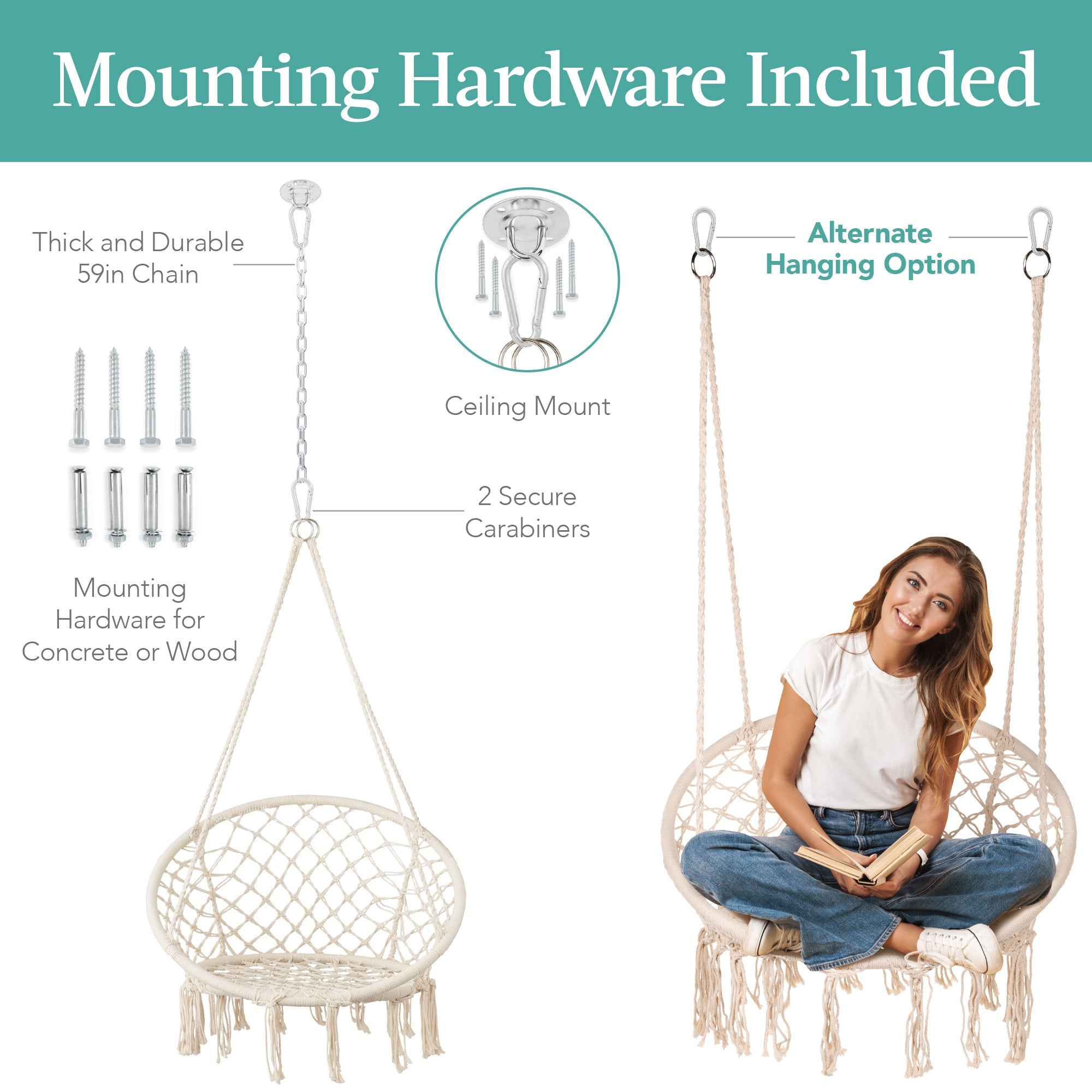 Cotton Macrame Hammock Hanging Chair Swing Handwoven w/ Backrest
