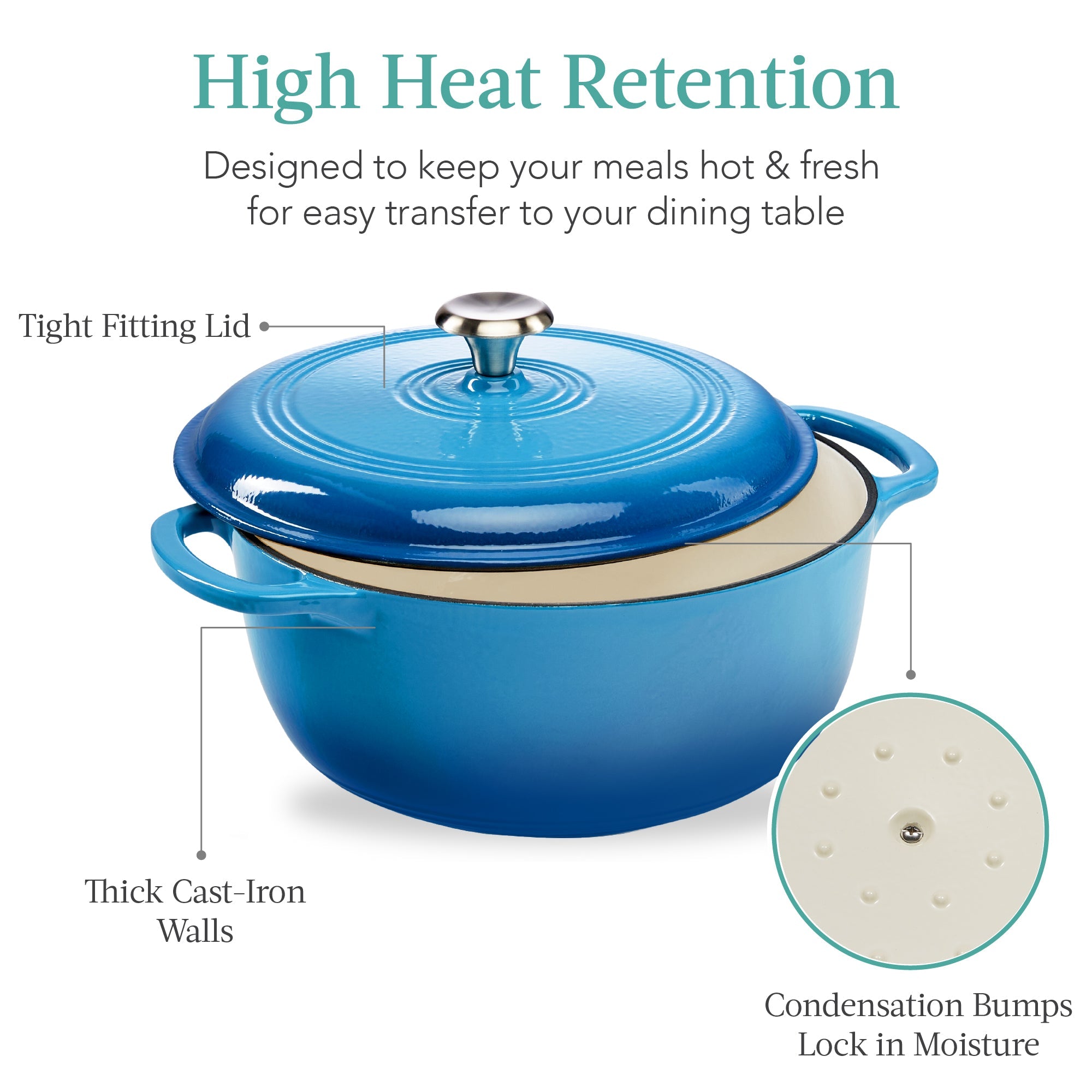 Cast-Iron Dutch Oven Kitchen Cookware w/ Enamel Handles - 6qt