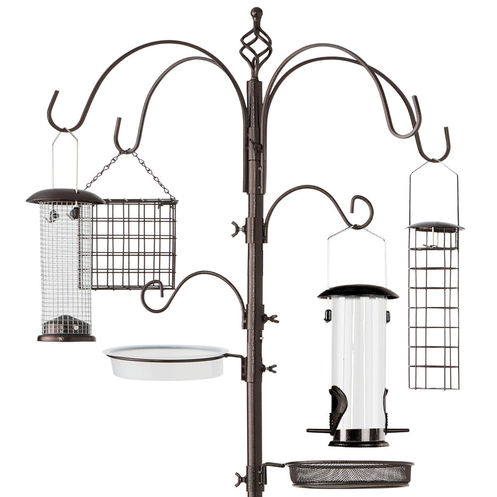 Bird Feeding Station 6-Hook Steel Multi-Feeder Stand w/ 4 Feeders - 89in