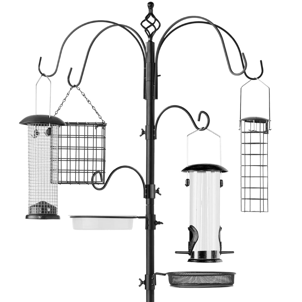 Bird Feeding Station 6-Hook Steel Multi-Feeder Stand w/ 4 Feeders - 89in