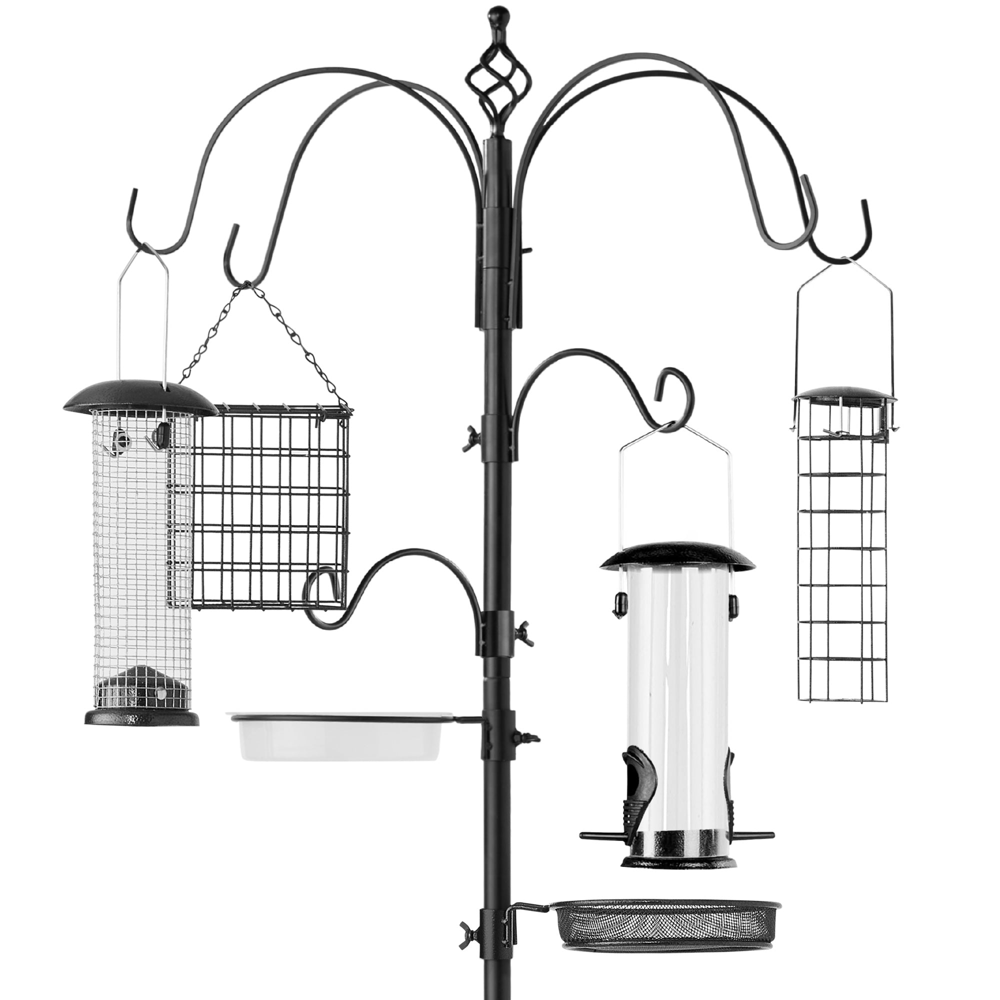 Bird Feeding Station 6-Hook Steel Multi-Feeder Stand w/ 4 Feeders - 89in