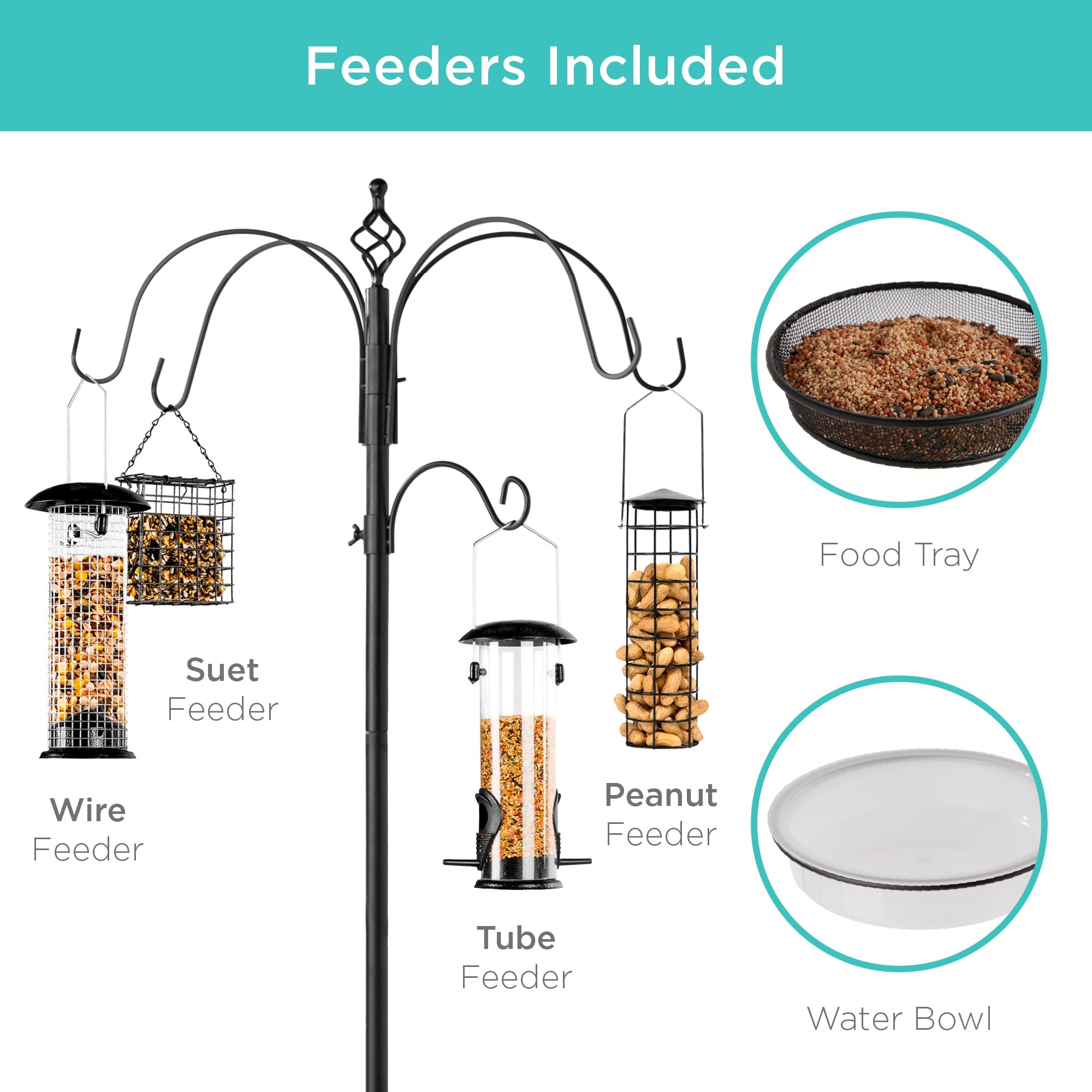 Bird Feeding Station 6-Hook Steel Multi-Feeder Stand w/ 4 Feeders - 89in