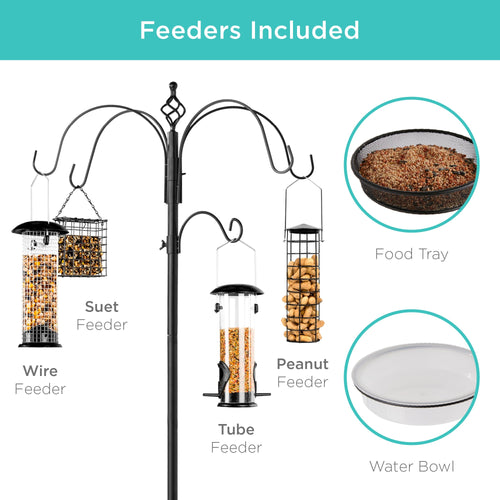 Bird Feeding Station 6-Hook Steel Multi-Feeder Stand w/ 4 Feeders - 89in
