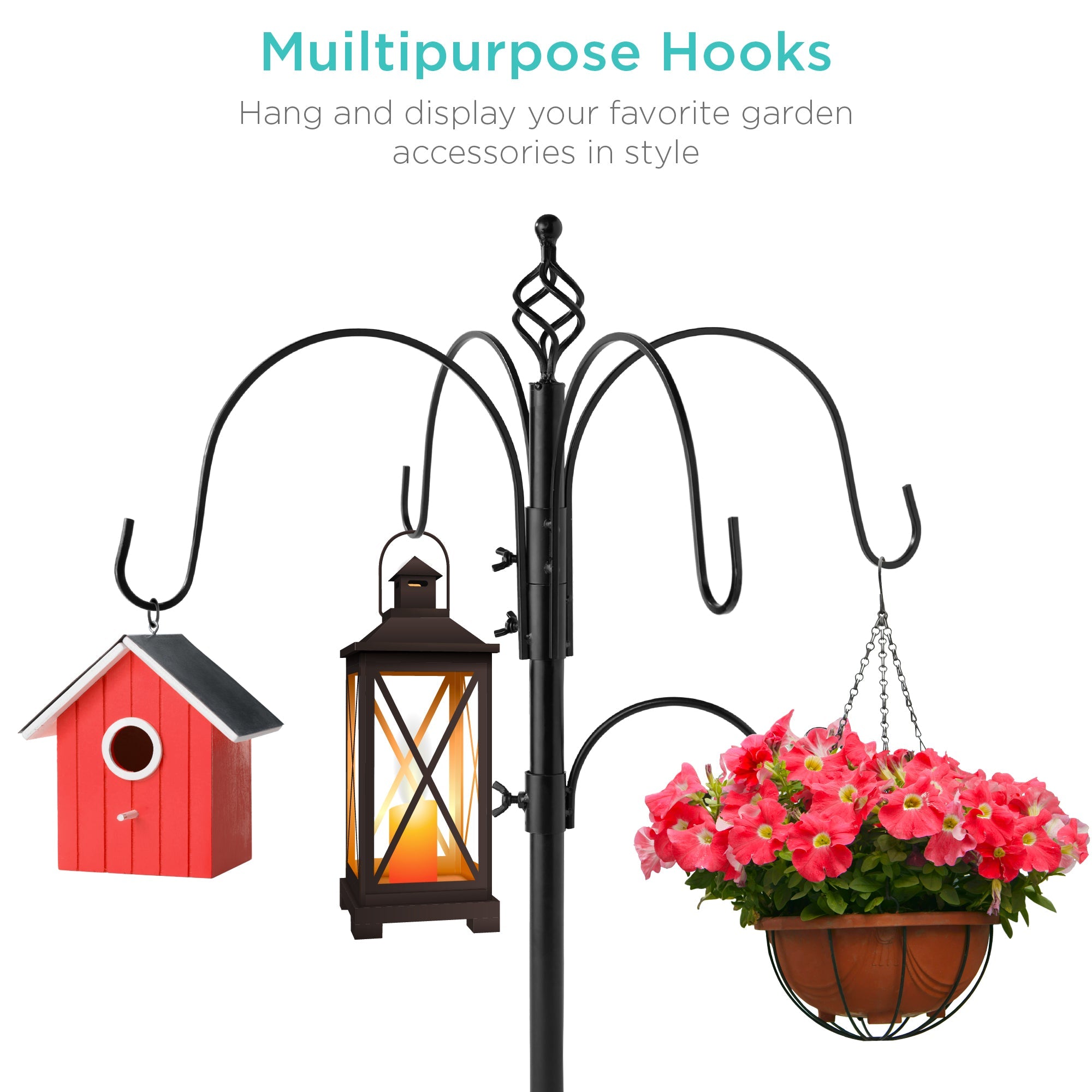 Bird Feeding Station 6-Hook Steel Multi-Feeder Stand w/ 4 Feeders - 89in