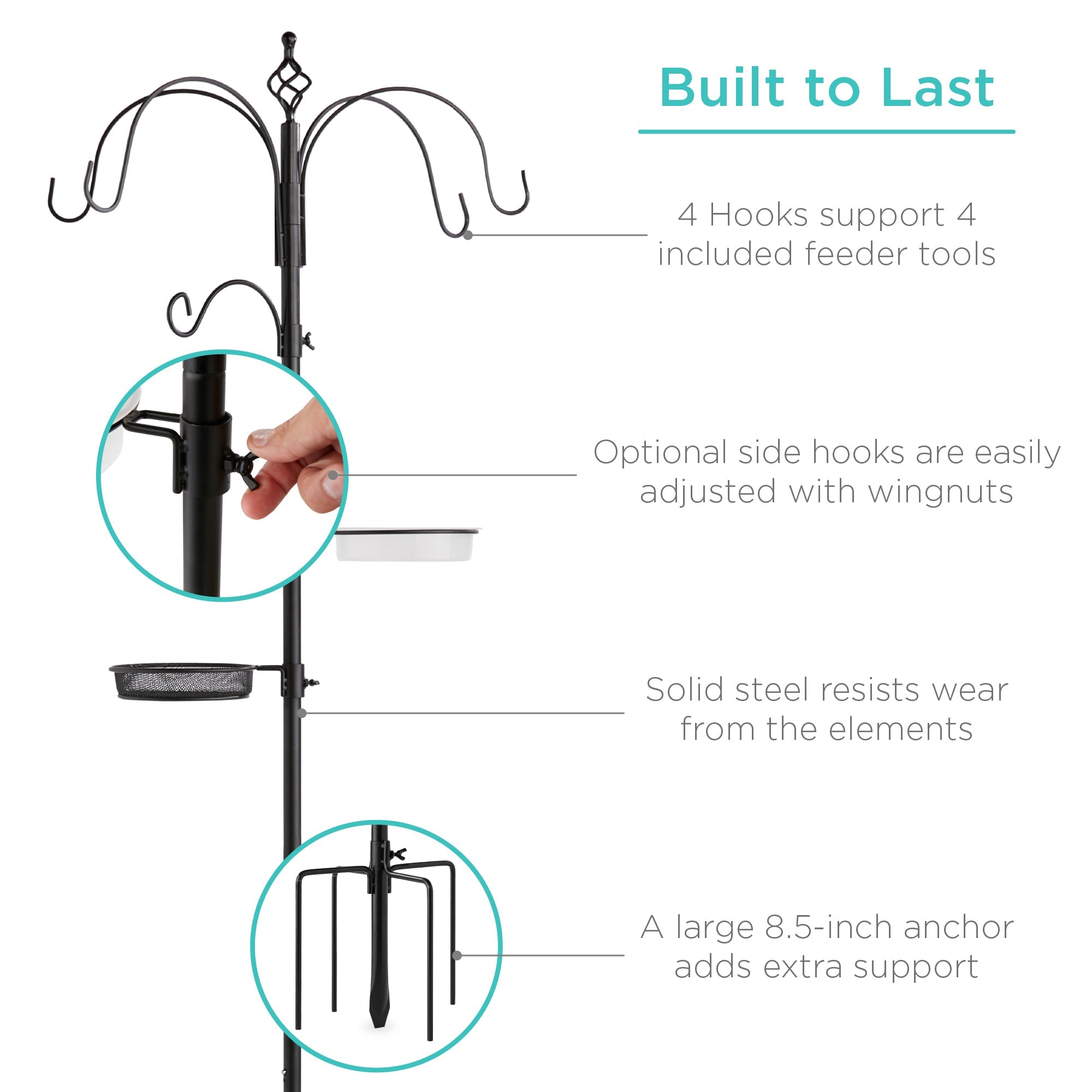 Bird Feeding Station 6-Hook Steel Multi-Feeder Stand w/ 4 Feeders - 89in
