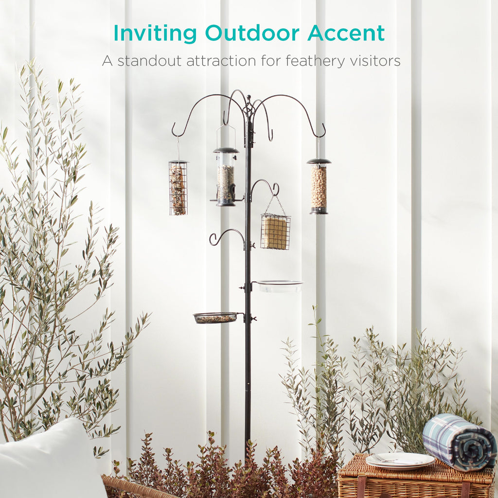 Bird Feeding Station 6-Hook Steel Multi-Feeder Stand w/ 4 Feeders - 89in