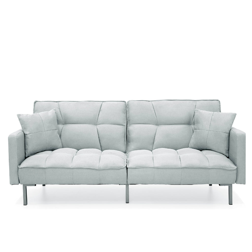 Convertible Linen Tufted Futon w/ 2 Plush Pillows Split-Back Design
