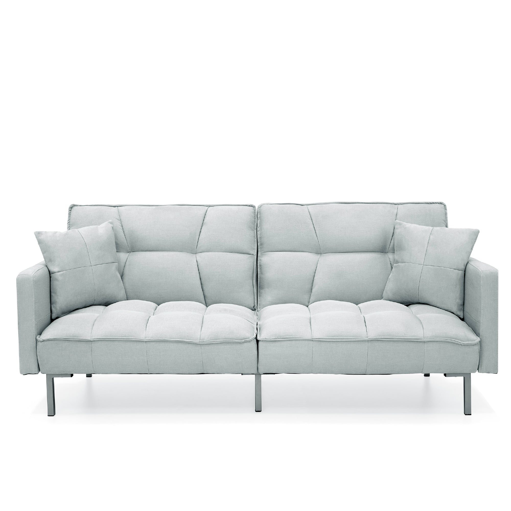 Convertible Linen Tufted Futon w/ 2 Plush Pillows Split-Back Design