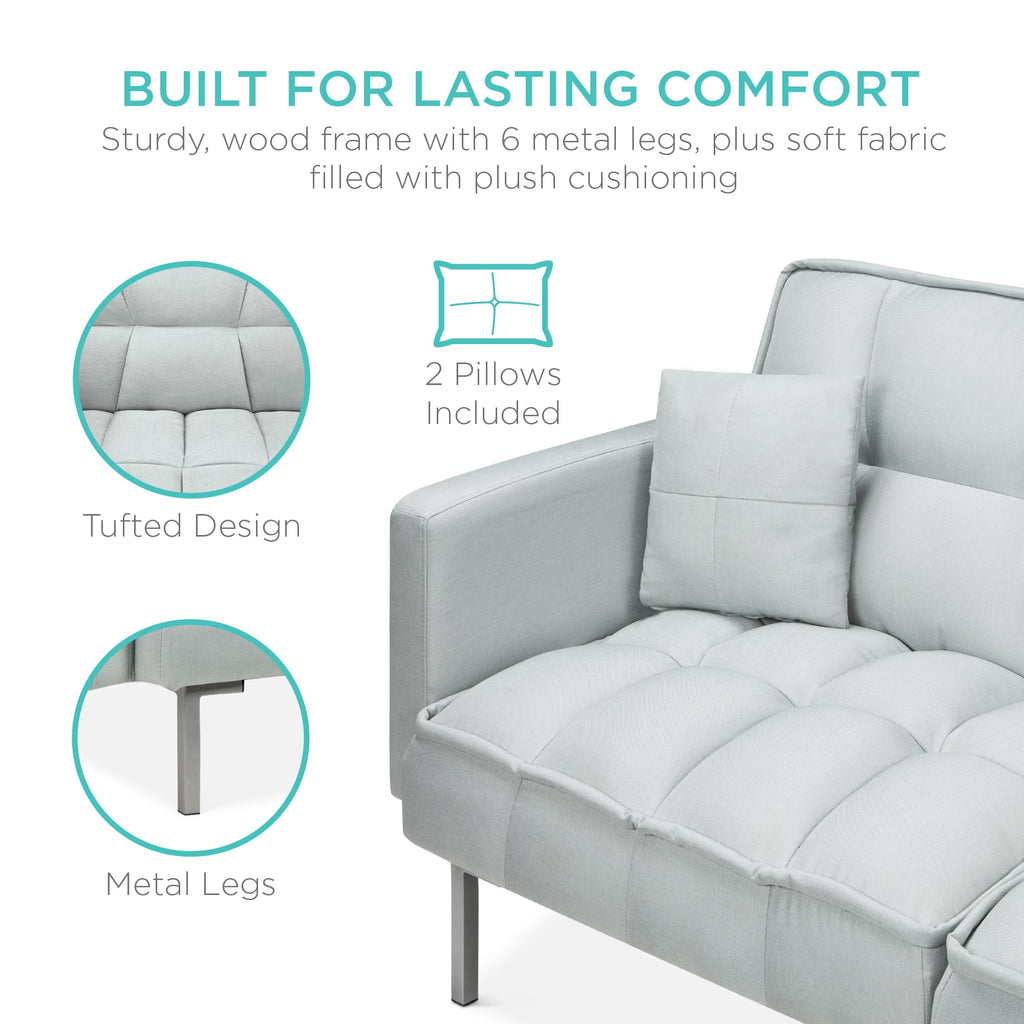 Convertible Linen Tufted Futon w/ 2 Plush Pillows Split-Back Design
