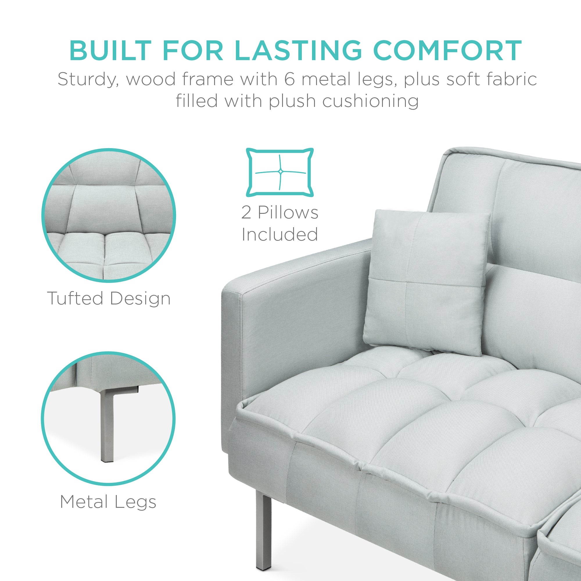 Convertible Linen Tufted Futon w/ 2 Plush Pillows Split-Back Design