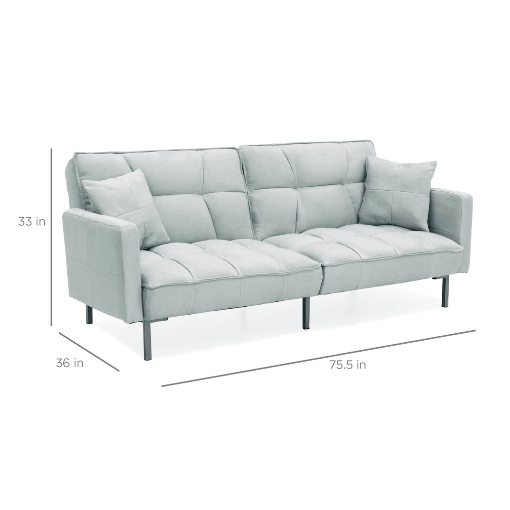 Convertible Linen Tufted Futon w/ 2 Plush Pillows Split-Back Design