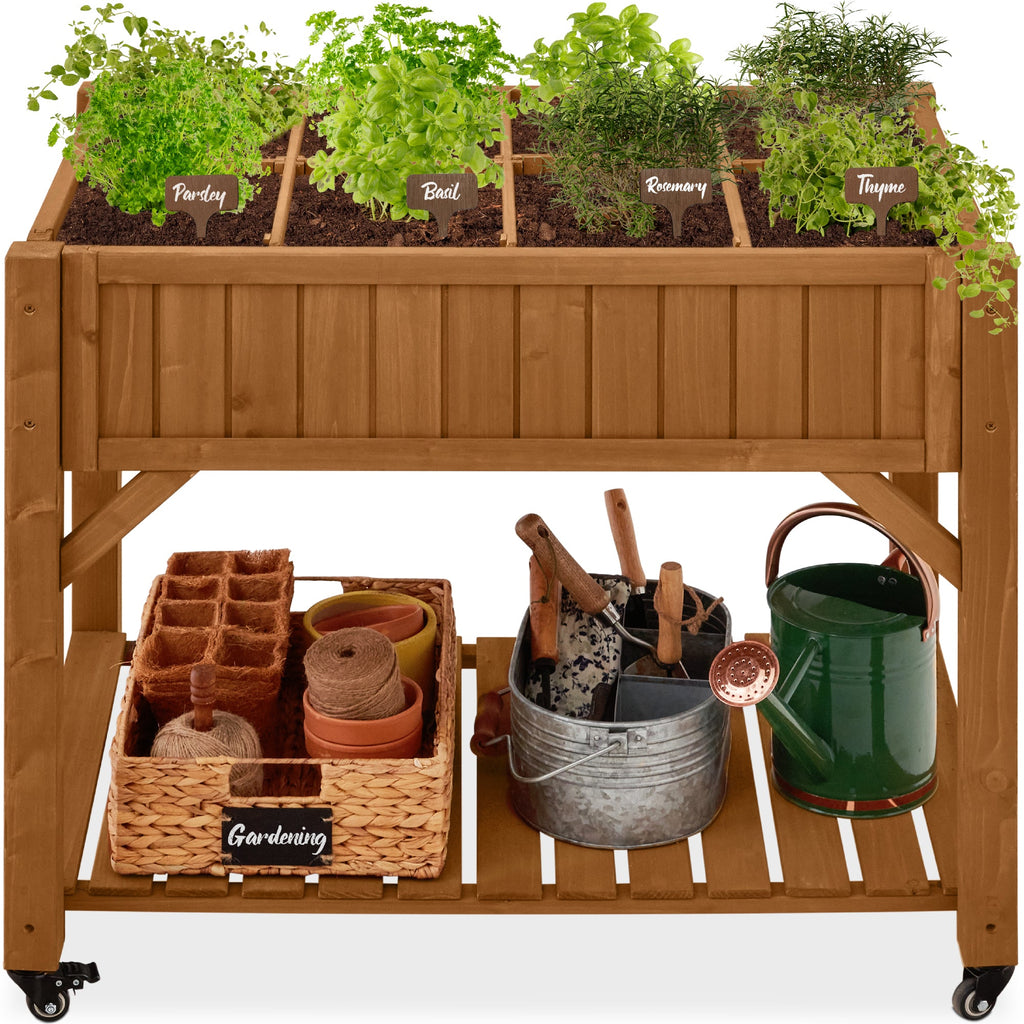 Elevated Mobile Pocket Herb Garden Bed w/ Lockable Wheels Storage Shelf