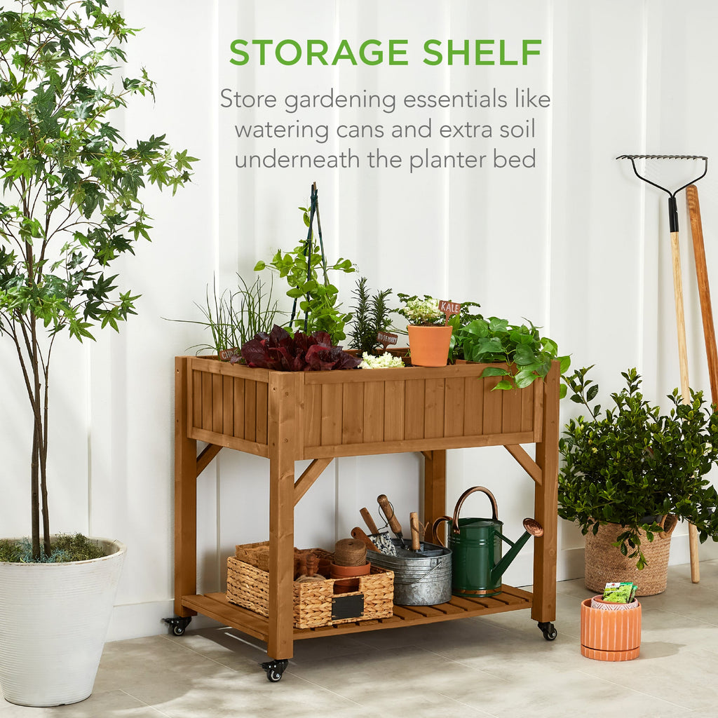 Elevated Mobile Pocket Herb Garden Bed w/ Lockable Wheels Storage Shelf