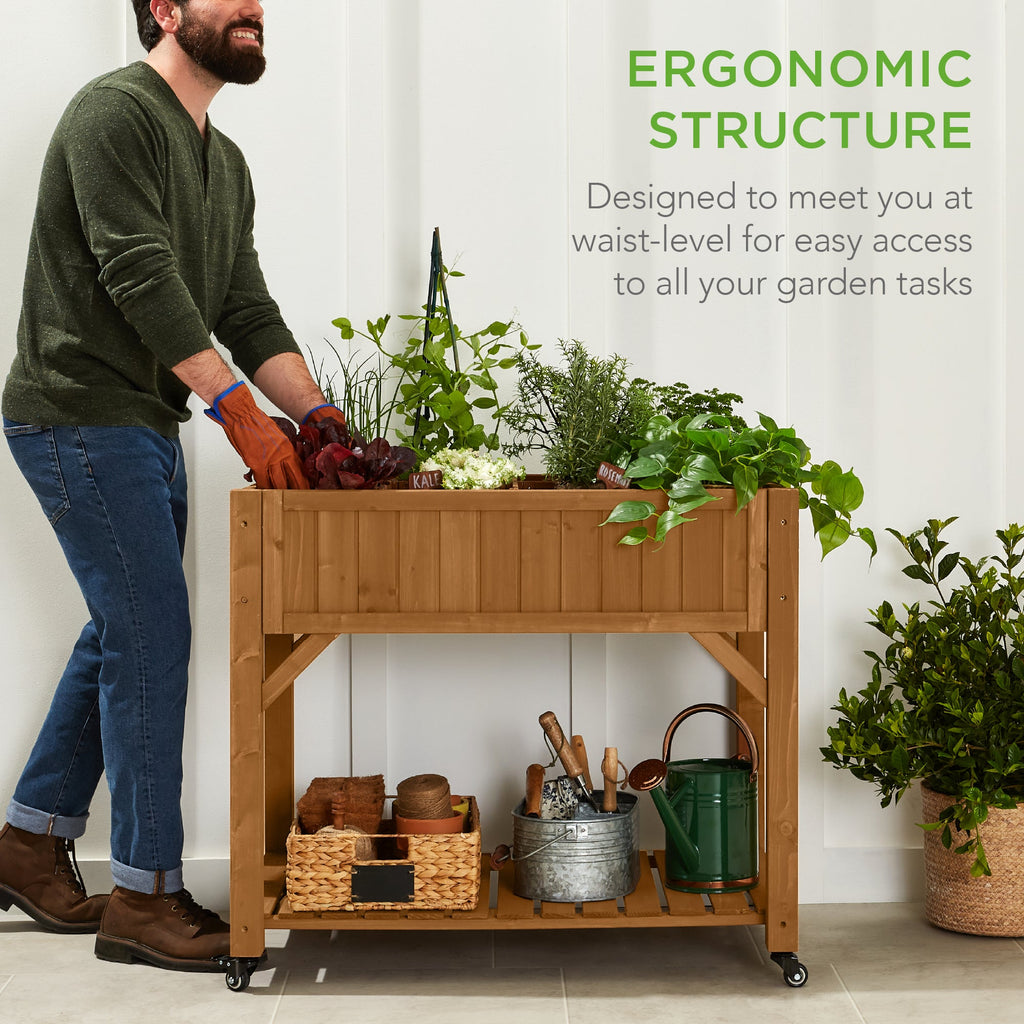 Elevated Mobile Pocket Herb Garden Bed w/ Lockable Wheels Storage Shelf