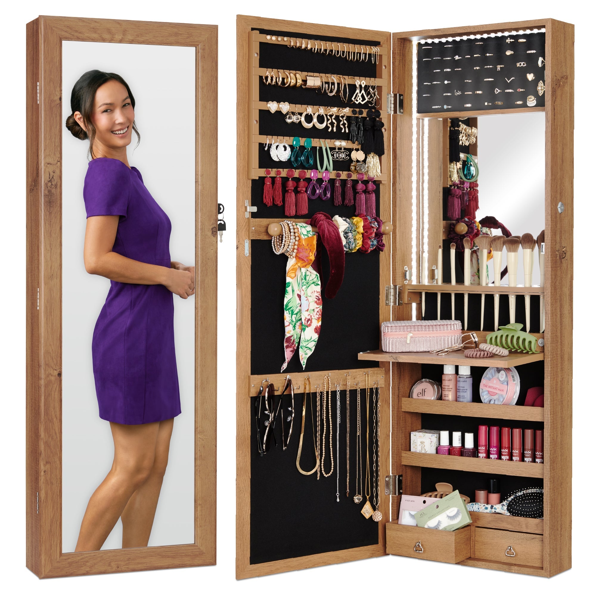 Door/Wall Mount Mirror Jewelry Cabinet Armoire w/ Inside Mirror LED Lights