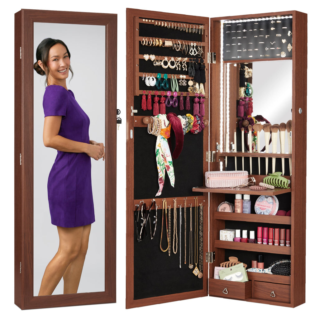 Door/Wall Mount Mirror Jewelry Cabinet Armoire w/ Inside Mirror LED Lights