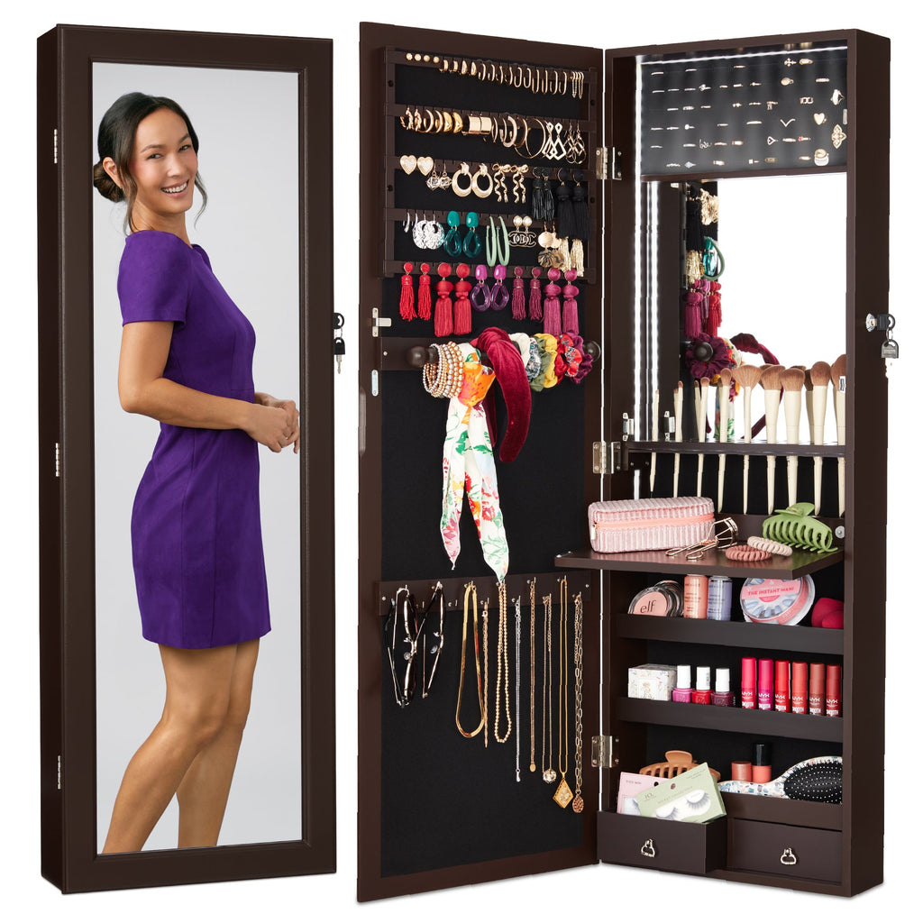Door/Wall Mount Mirror Jewelry Cabinet Armoire w/ Inside Mirror LED Lights