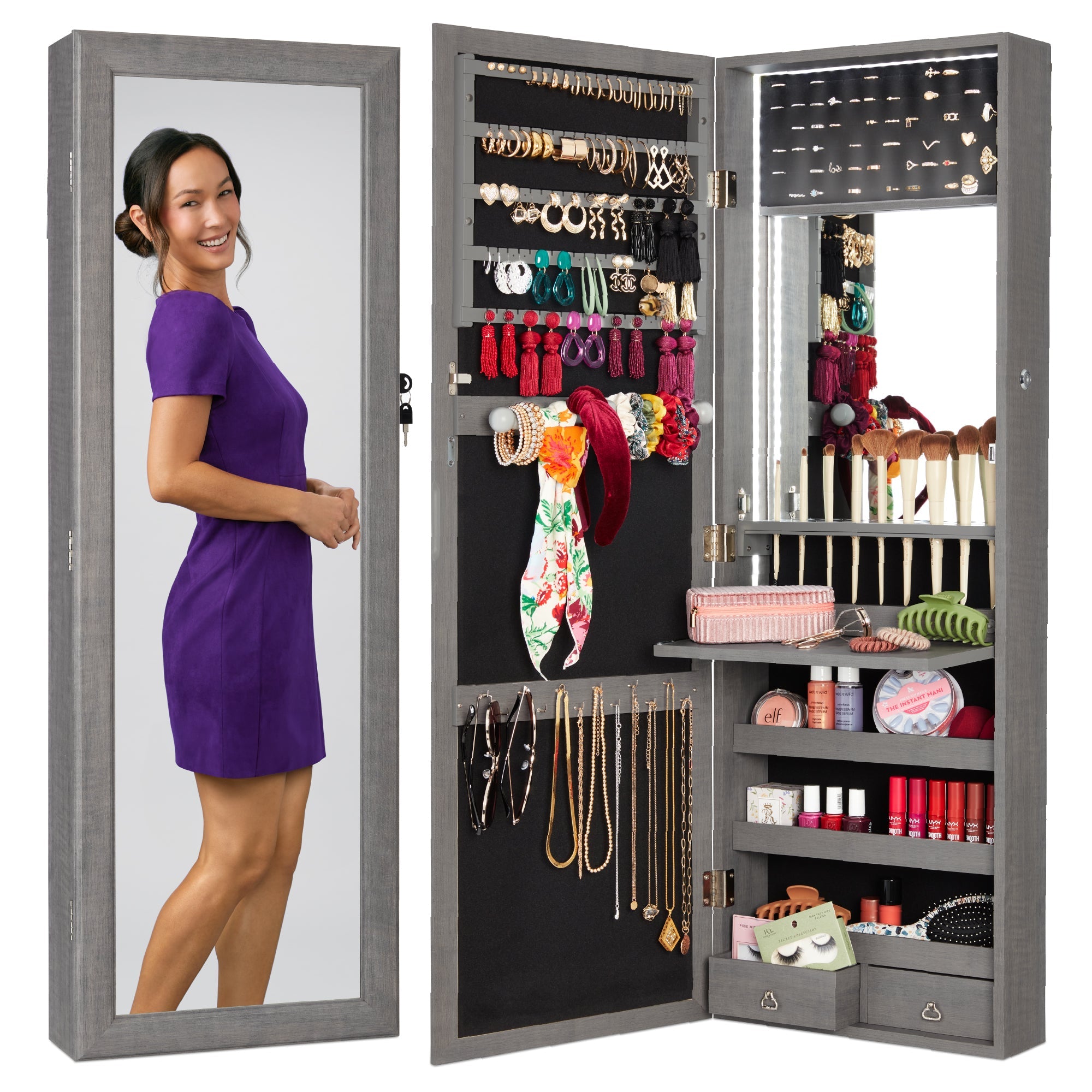 Door/Wall Mount Mirror Jewelry Cabinet Armoire w/ Inside Mirror LED Lights