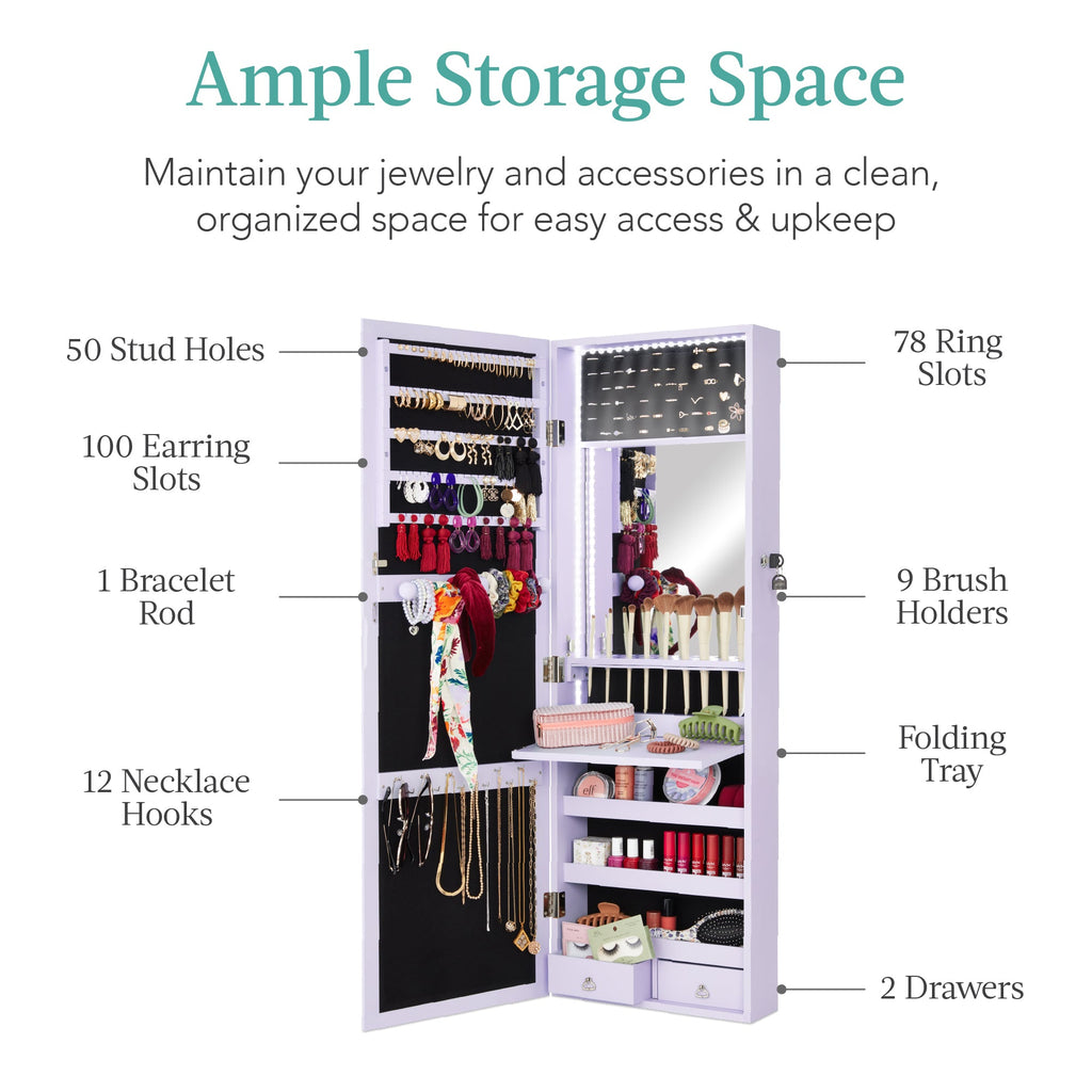Door/Wall Mount Mirror Jewelry Cabinet Armoire w/ Inside Mirror LED Lights