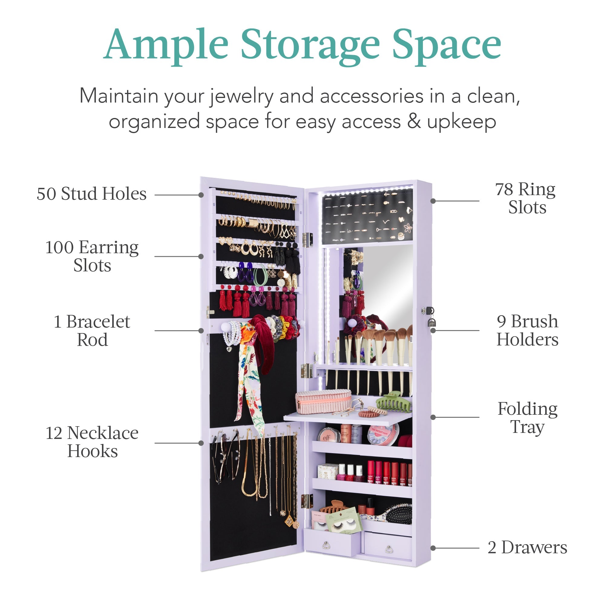 Door/Wall Mount Mirror Jewelry Cabinet Armoire w/ Inside Mirror LED Lights