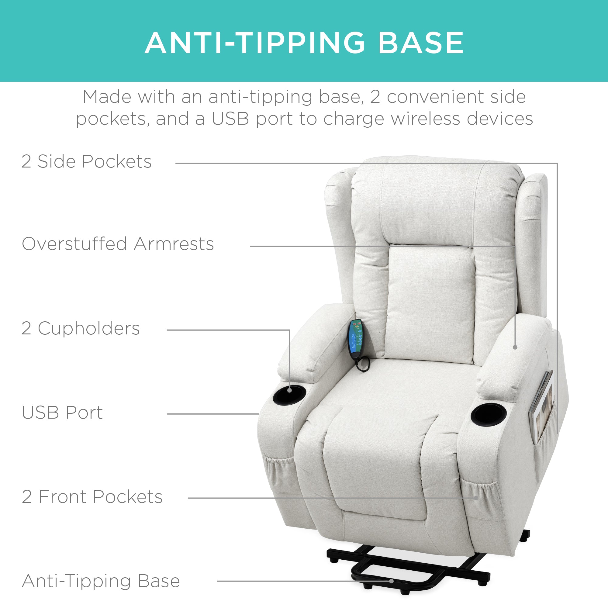 Electric Power Lift Recliner Massage Chair w/ Heat USB Port Cupholders