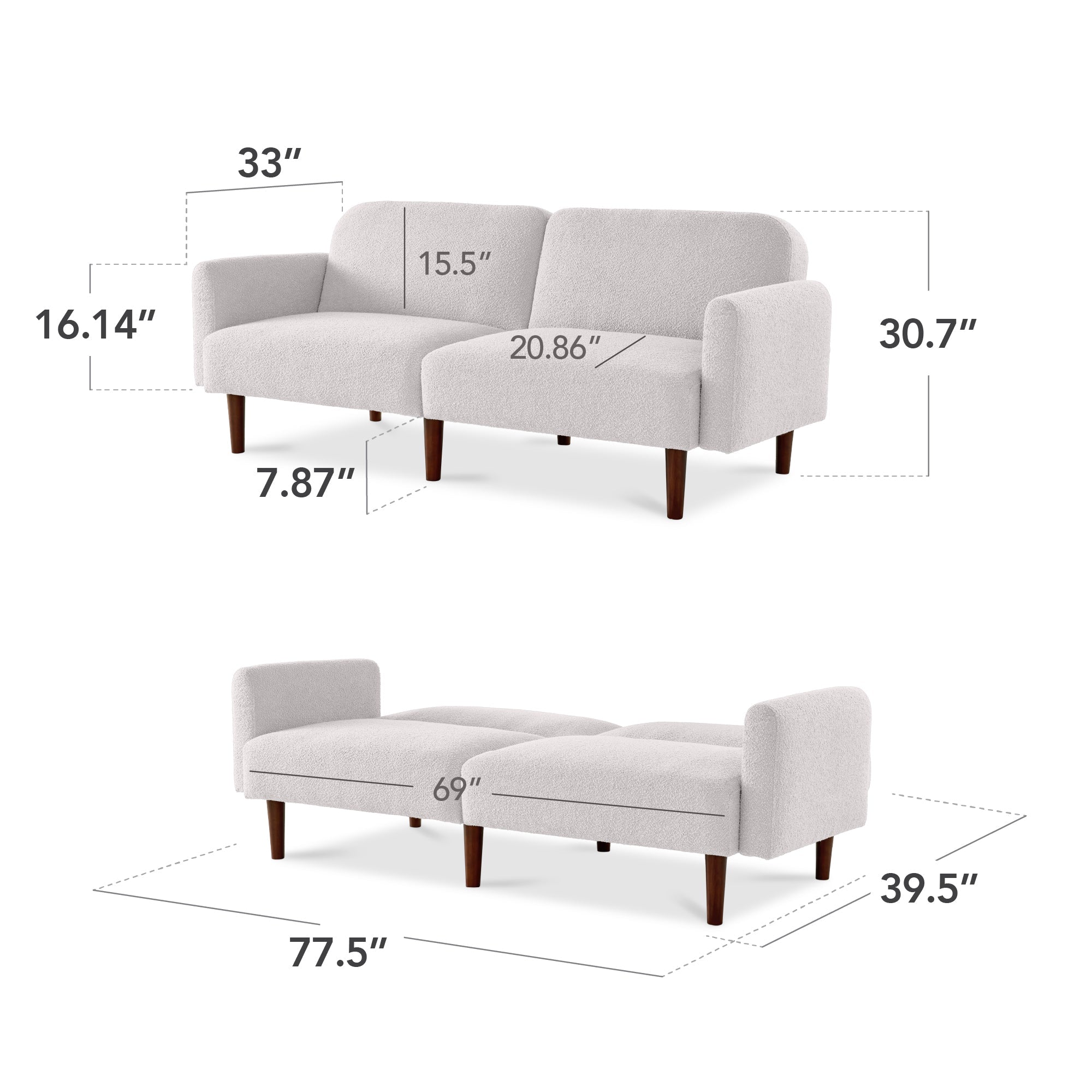 Curved Convertible Futon Boucle Fabric Split-Back Sleeper Bed