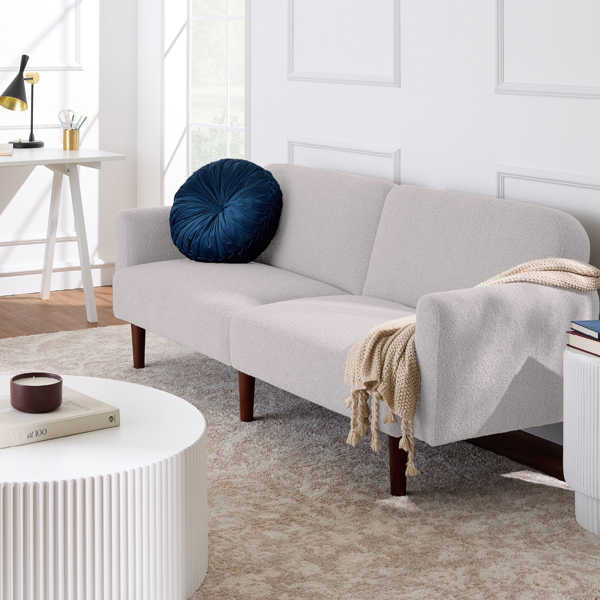 Curved Convertible Futon Boucle Fabric Split-Back Sleeper Bed