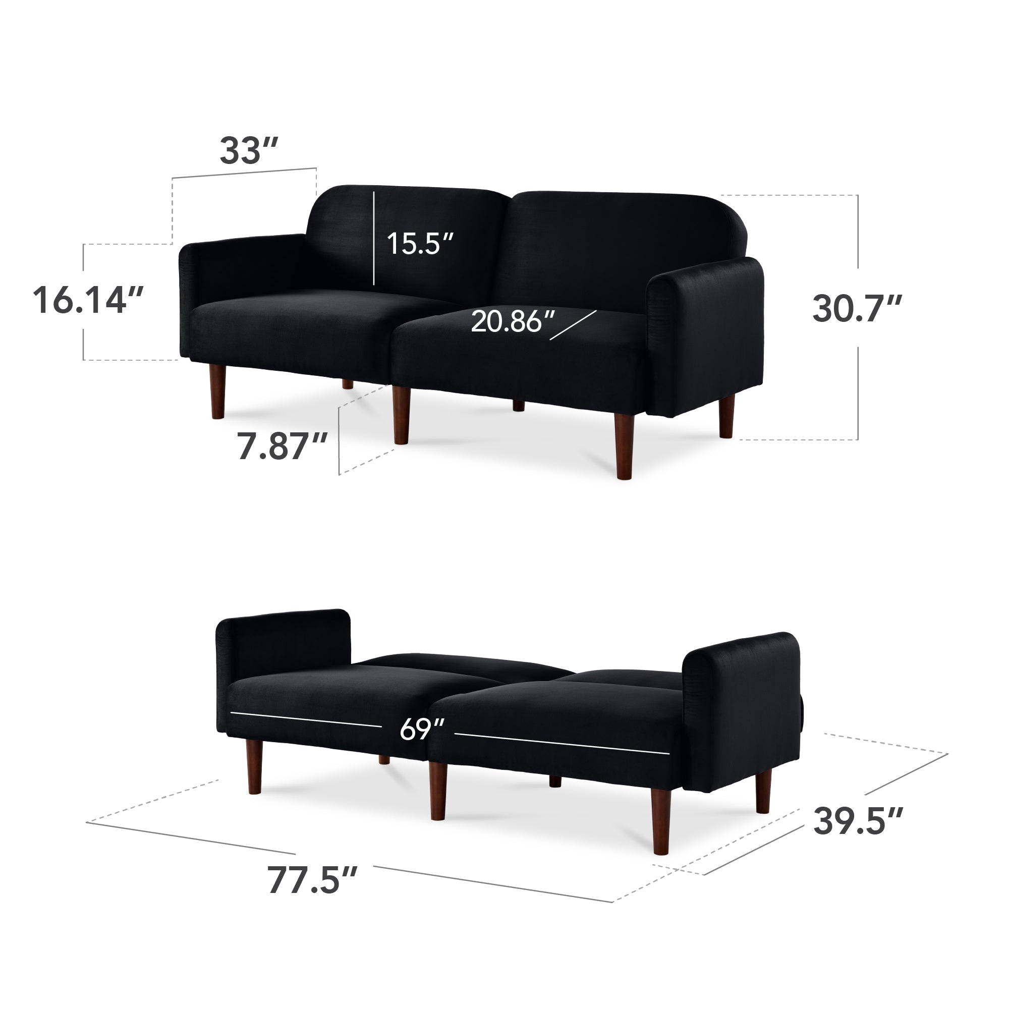 Curved Convertible Futon Velvet Fabric Split-Back Sleeper Bed
