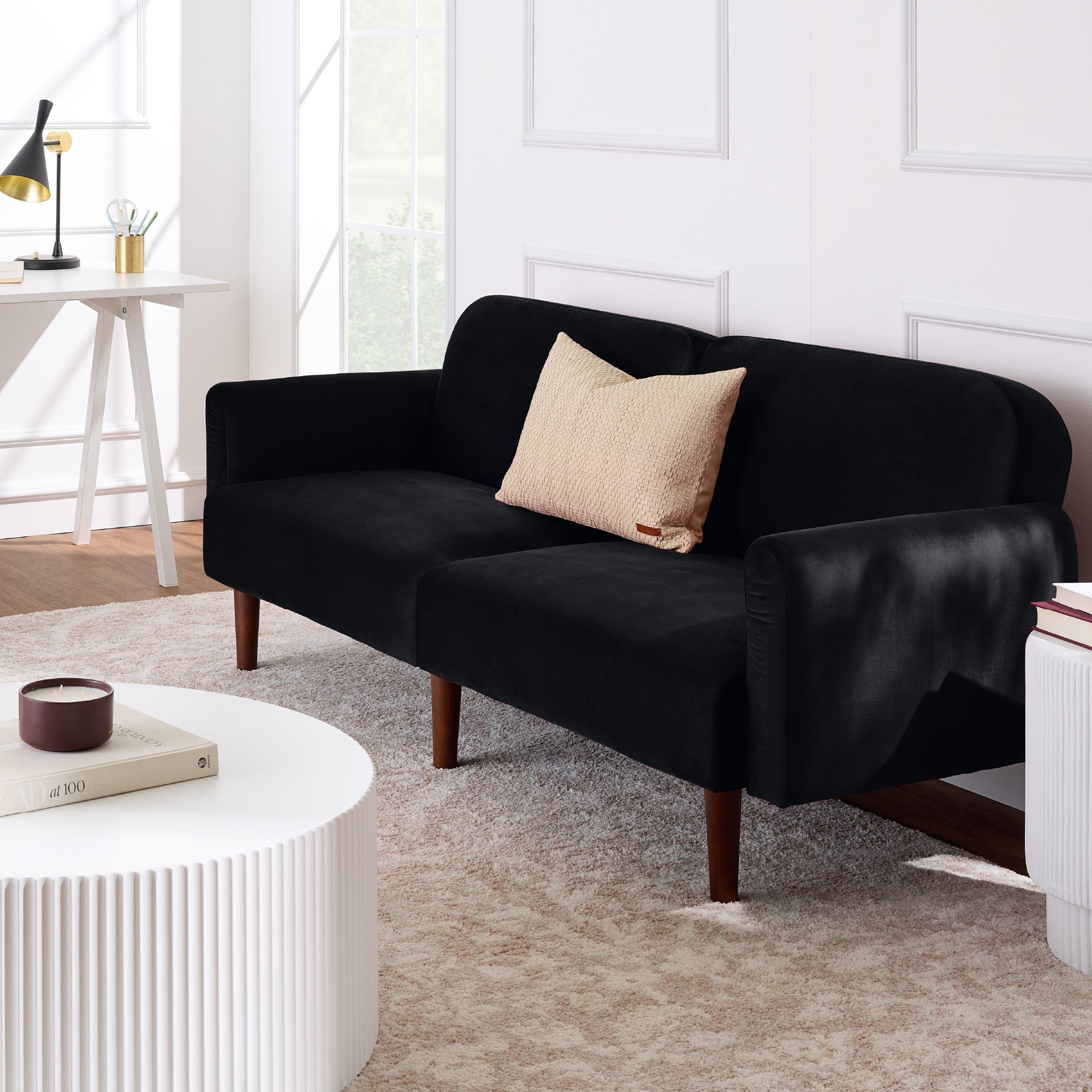 Curved Convertible Futon Velvet Fabric Split-Back Sleeper Bed
