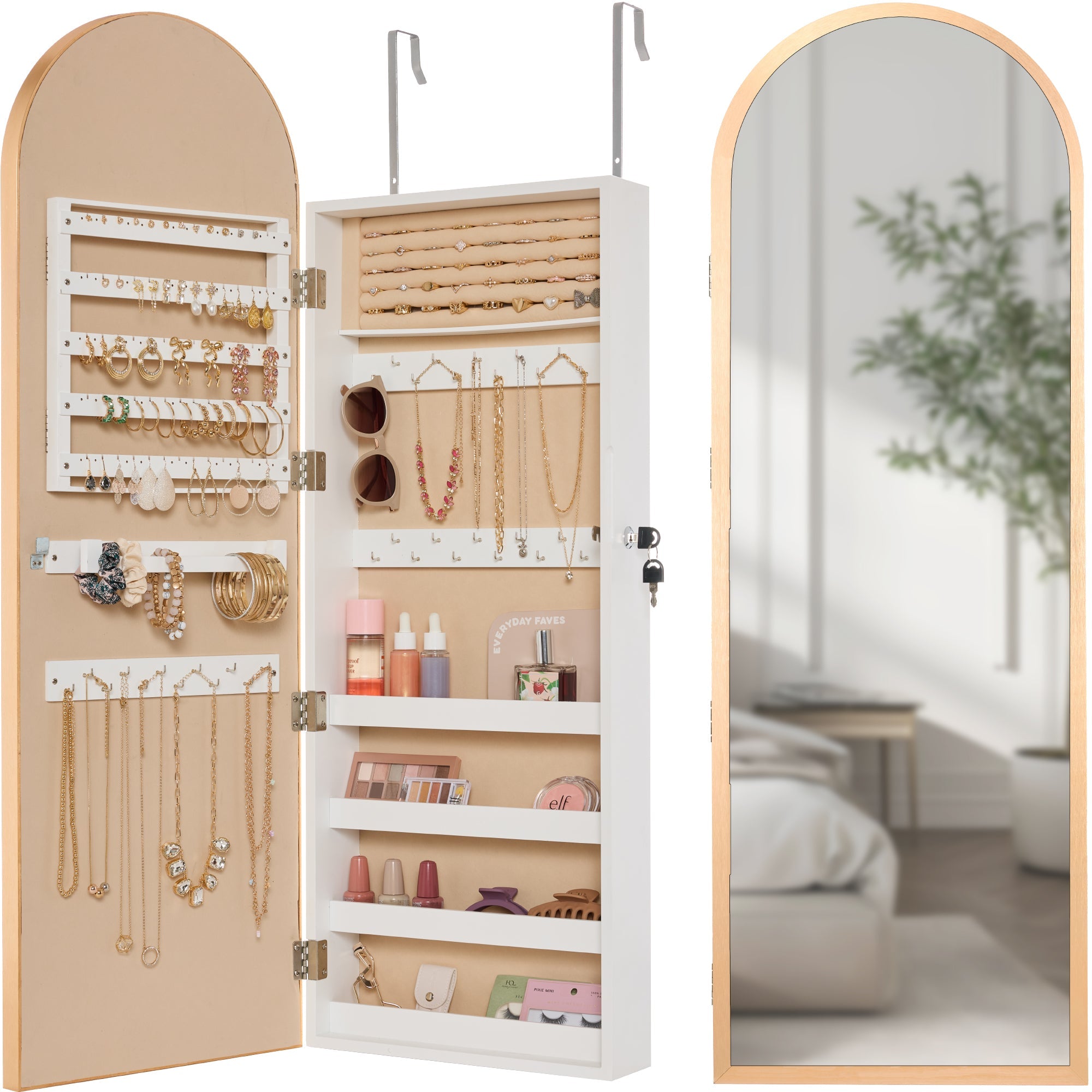 Door/Wall Mounted Arch Mirror Jewelry Armoire w/ Metal Frame Built-In Lock