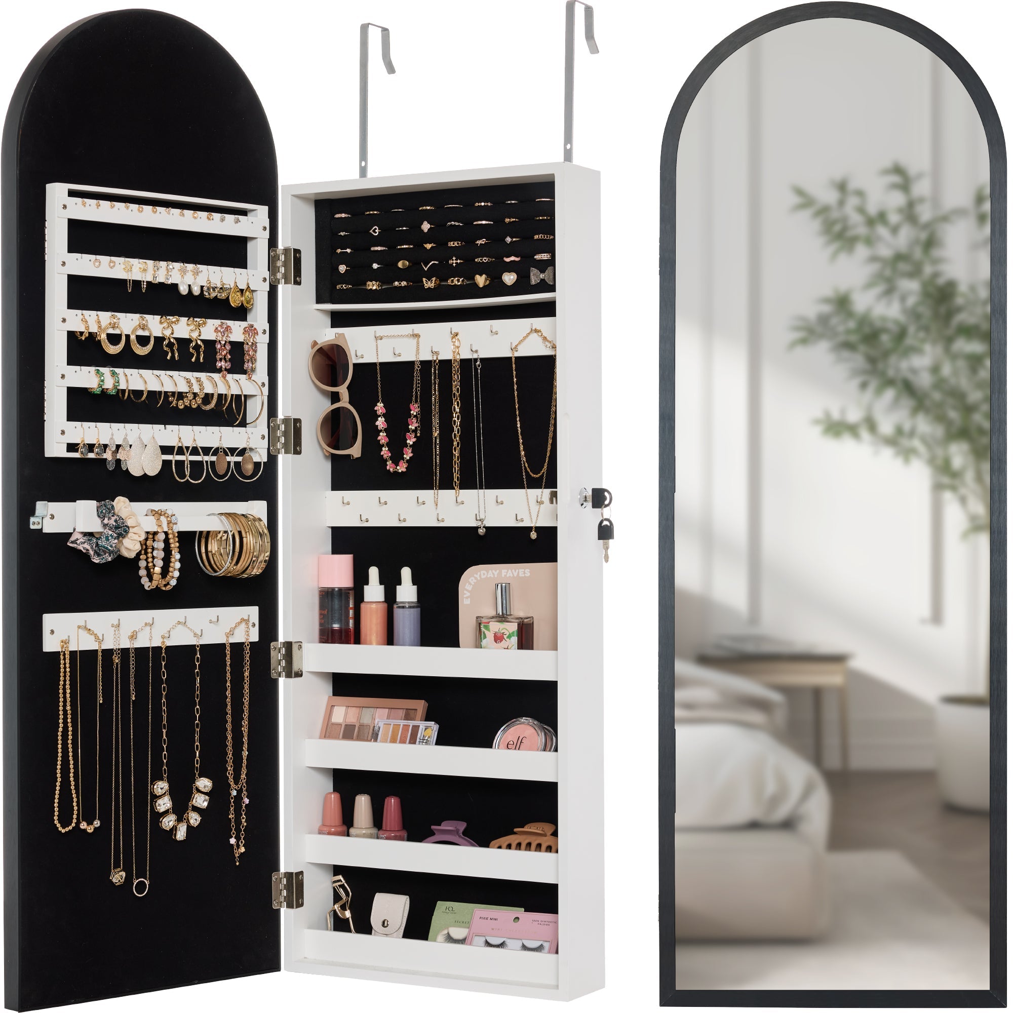 Door/Wall Mounted Arch Mirror Jewelry Armoire w/ Metal Frame Built-In Lock