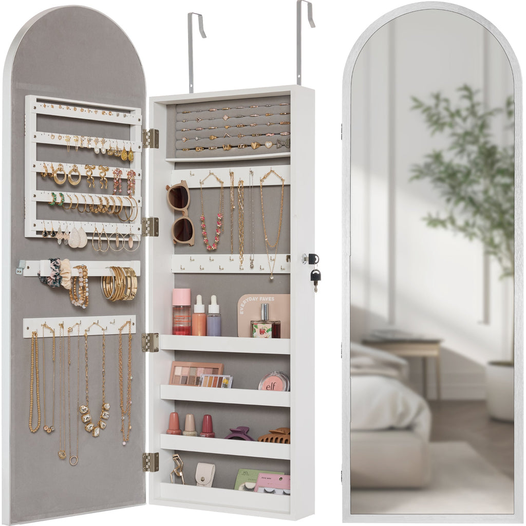 Door/Wall Mounted Arch Mirror Jewelry Armoire w/ Metal Frame Built-In Lock