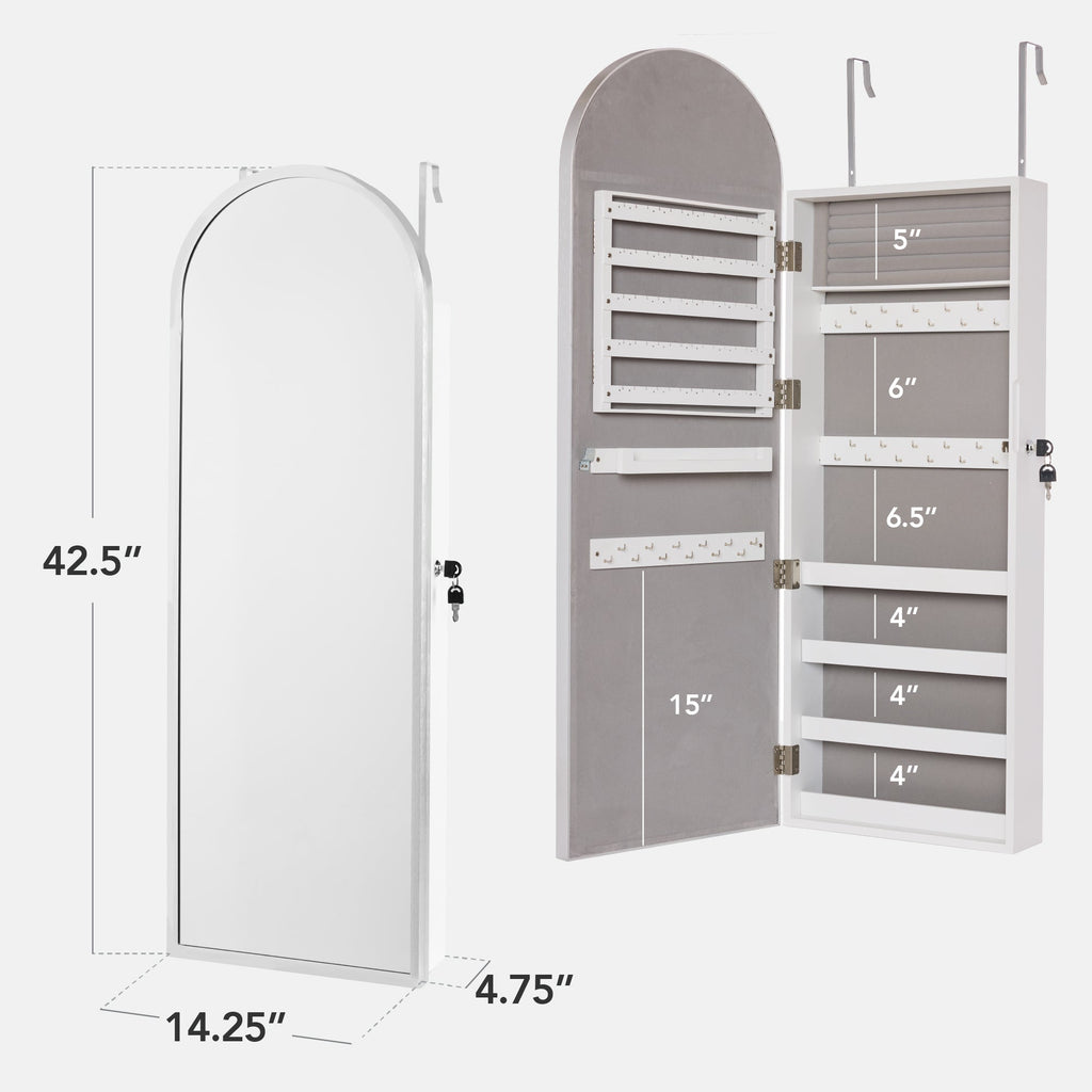 Door/Wall Mounted Arch Mirror Jewelry Armoire w/ Metal Frame Built-In Lock
