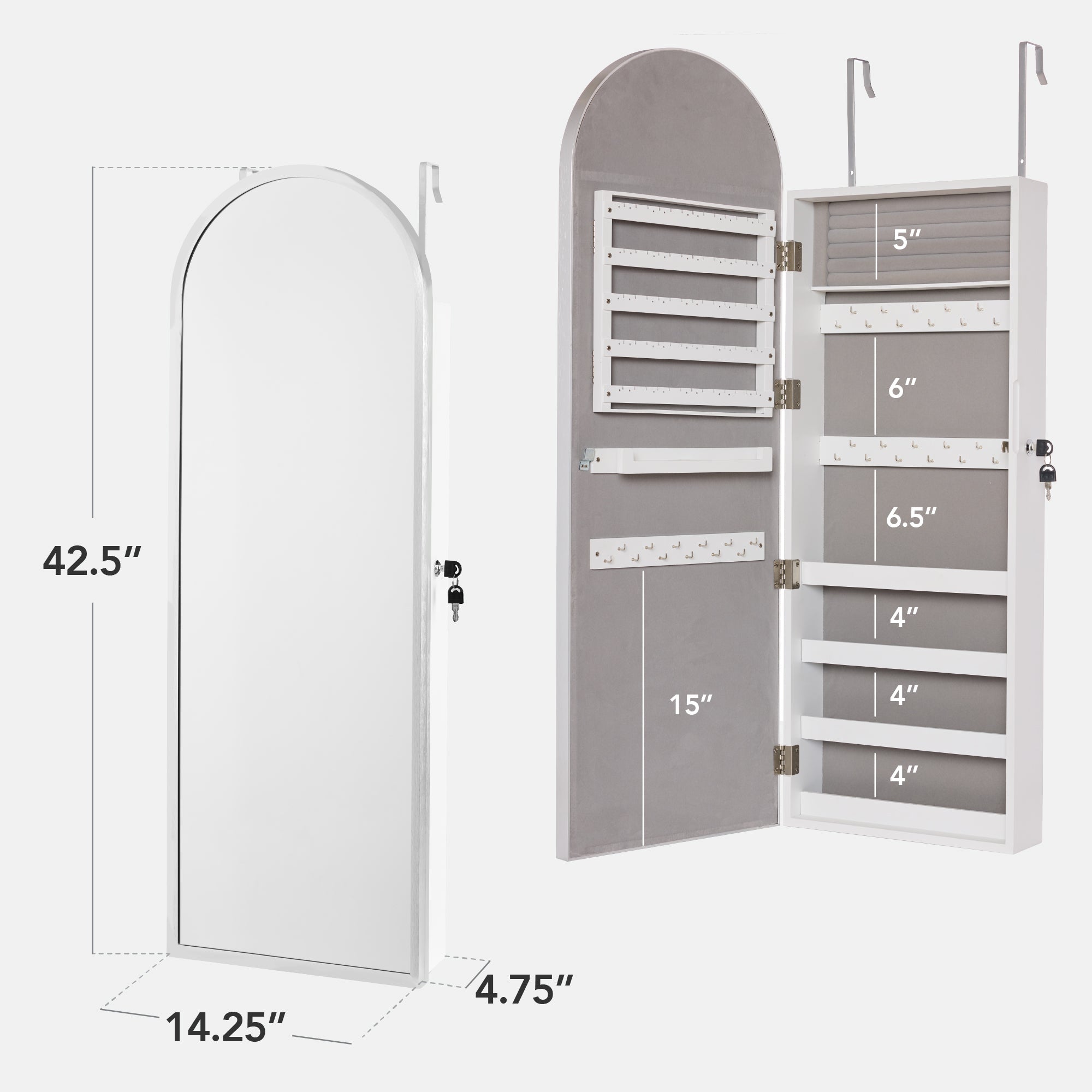 Door/Wall Mounted Arch Mirror Jewelry Armoire w/ Metal Frame Built-In Lock