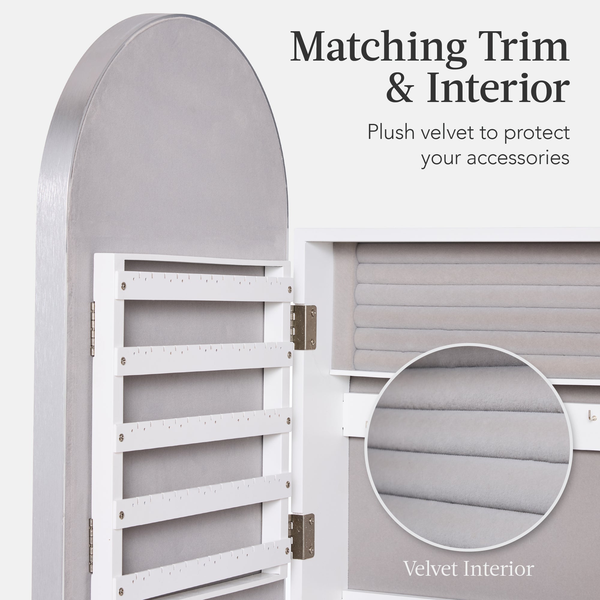 Door/Wall Mounted Arch Mirror Jewelry Armoire w/ Metal Frame Built-In Lock