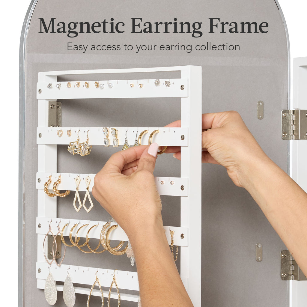 Door/Wall Mounted Arch Mirror Jewelry Armoire w/ Metal Frame Built-In Lock